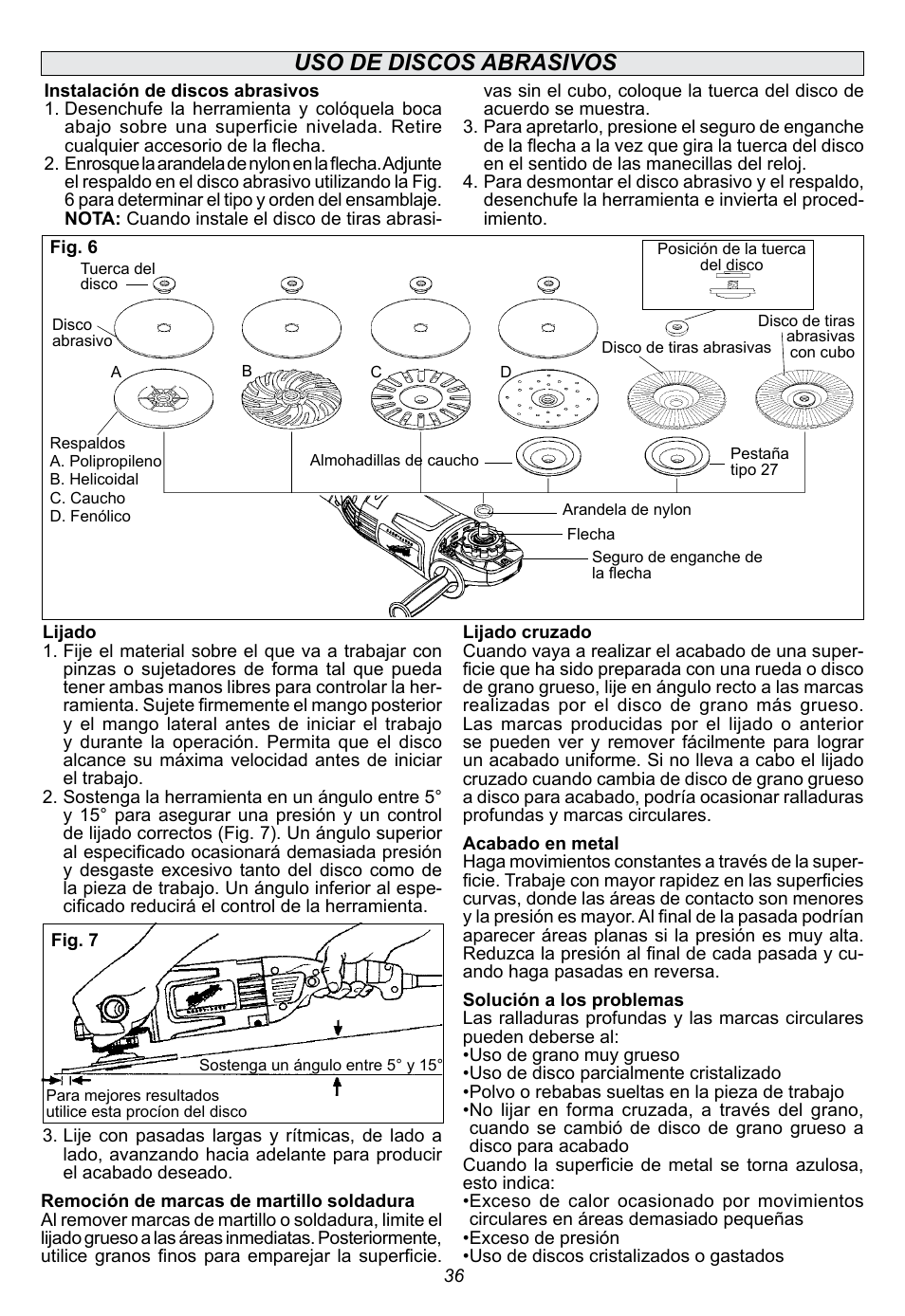 Uso de discos abrasivos | Milwaukee Tool 6088-30 User Manual | Page 36 / 44