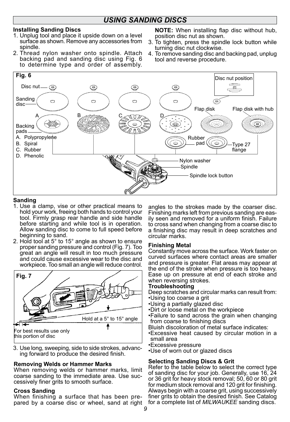 Using sanding discs | Milwaukee Tool 6088-30 User Manual | Page 9 / 44