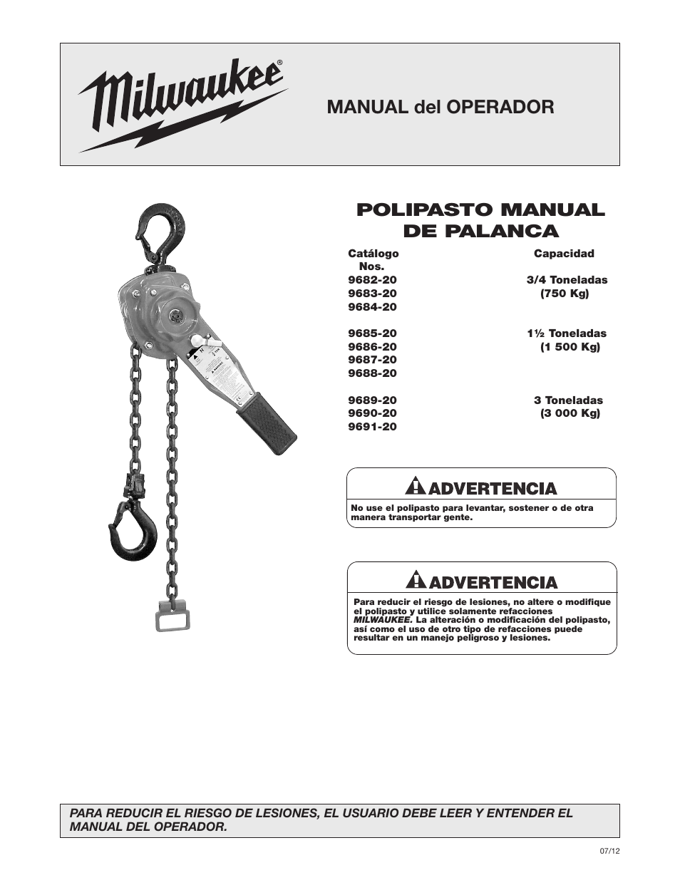 Manual del operador, Polipasto manual de palanca | Milwaukee Tool 9687-20 User Manual | Page 11 / 31