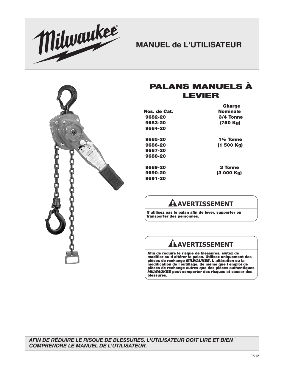 Manuel de l'utilisateur, Palans manuels à levier, Avertissement | Milwaukee Tool 9687-20 User Manual | Page 21 / 31