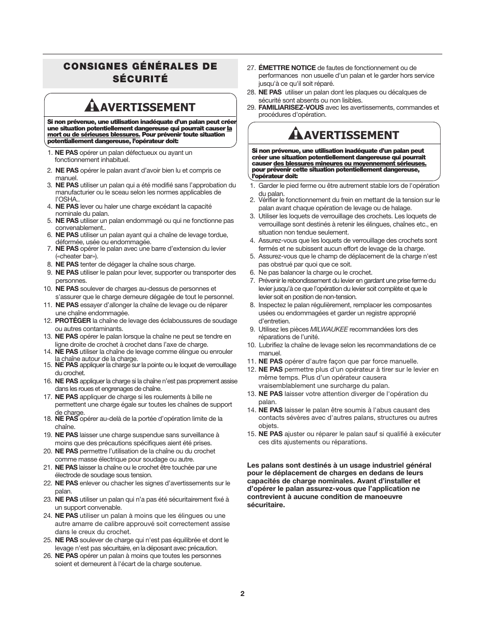 Avertissement, Consignes générales de sécurité | Milwaukee Tool 9687-20 User Manual | Page 22 / 31