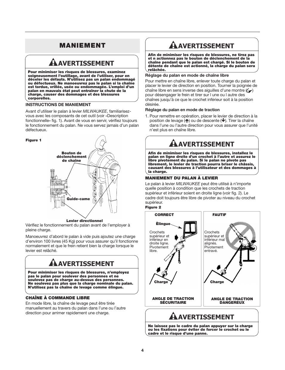 Avertissement, Maniement | Milwaukee Tool 9687-20 User Manual | Page 24 / 31