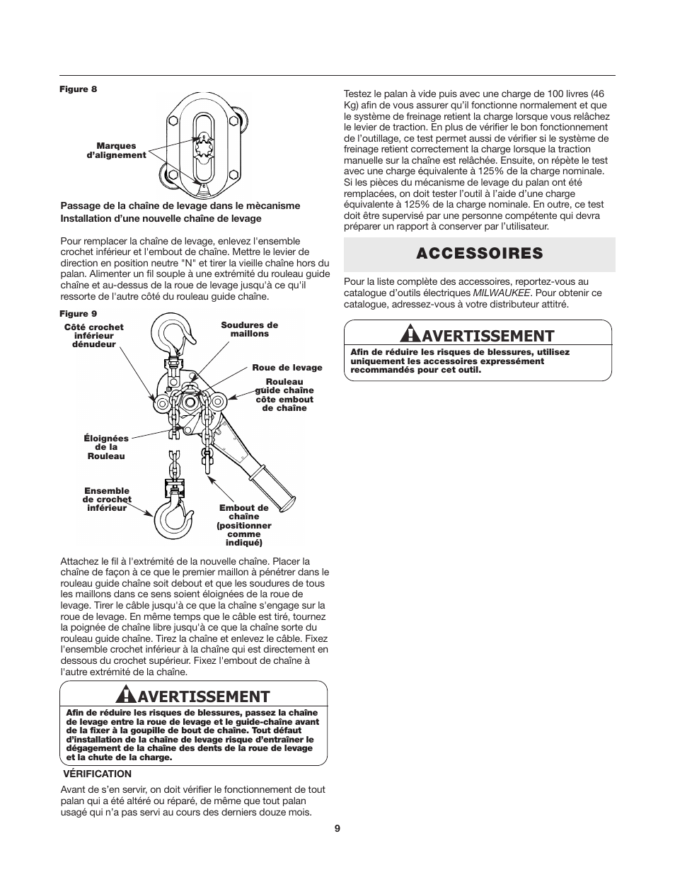 Avertissement, Accessoires | Milwaukee Tool 9687-20 User Manual | Page 29 / 31