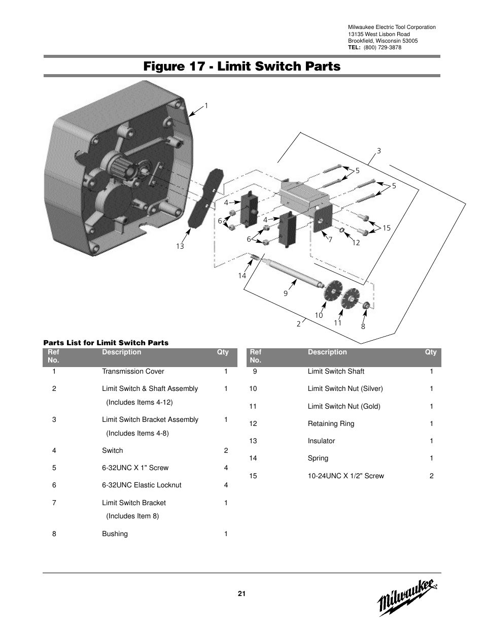 Figure 17 - limit switch parts | Milwaukee Tool 9566 V.2 User Manual | Page 21 / 32