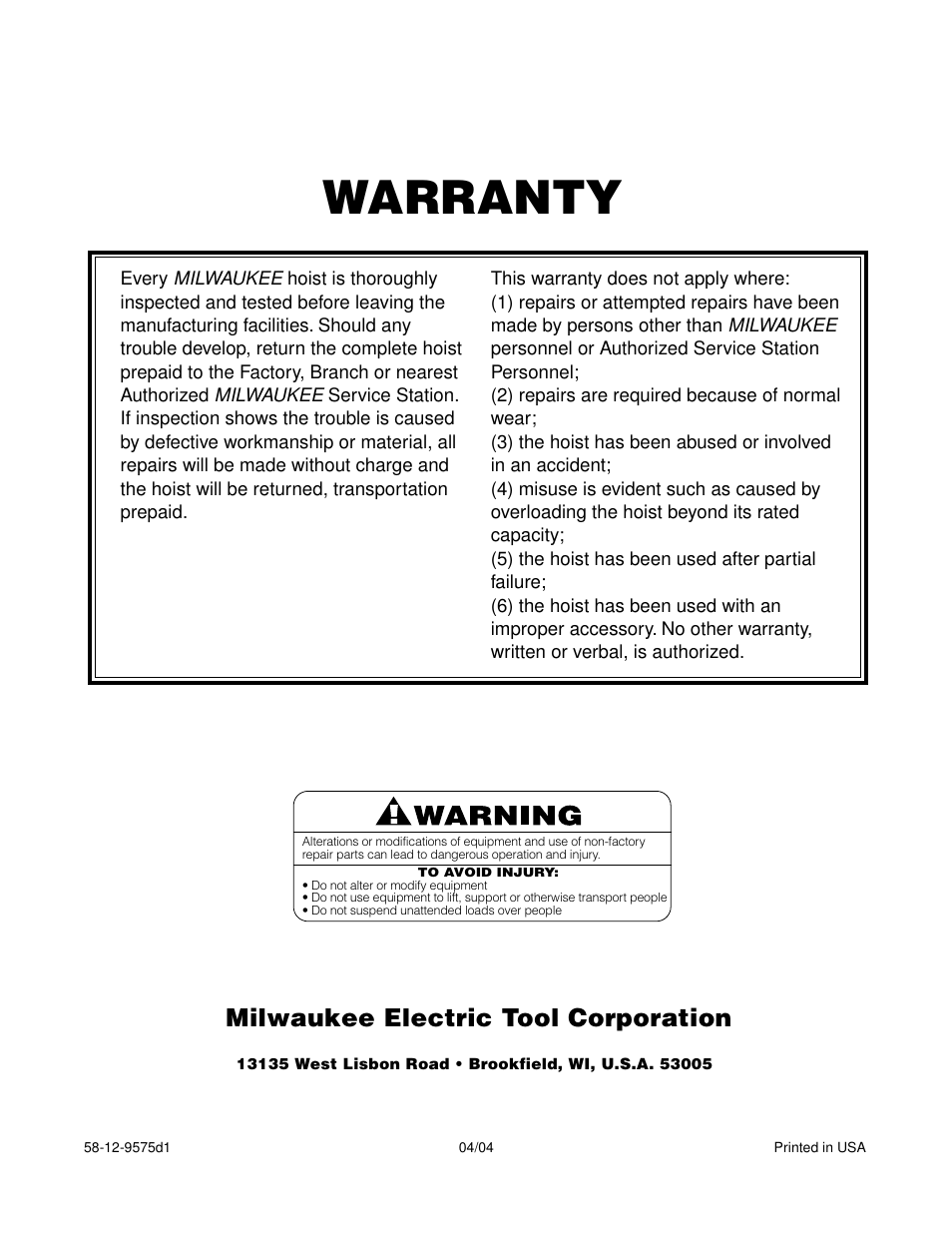 Warranty, Milwaukee electric tool corporation | Milwaukee Tool 9566 V.2 User Manual | Page 32 / 32