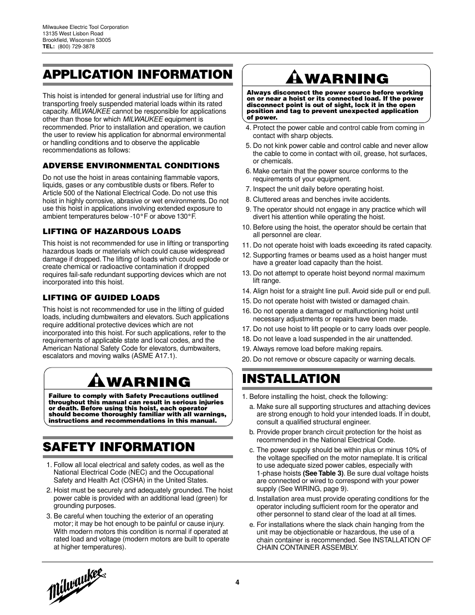 Application information, Safety information, Installation | Milwaukee Tool 9566 V.2 User Manual | Page 4 / 32