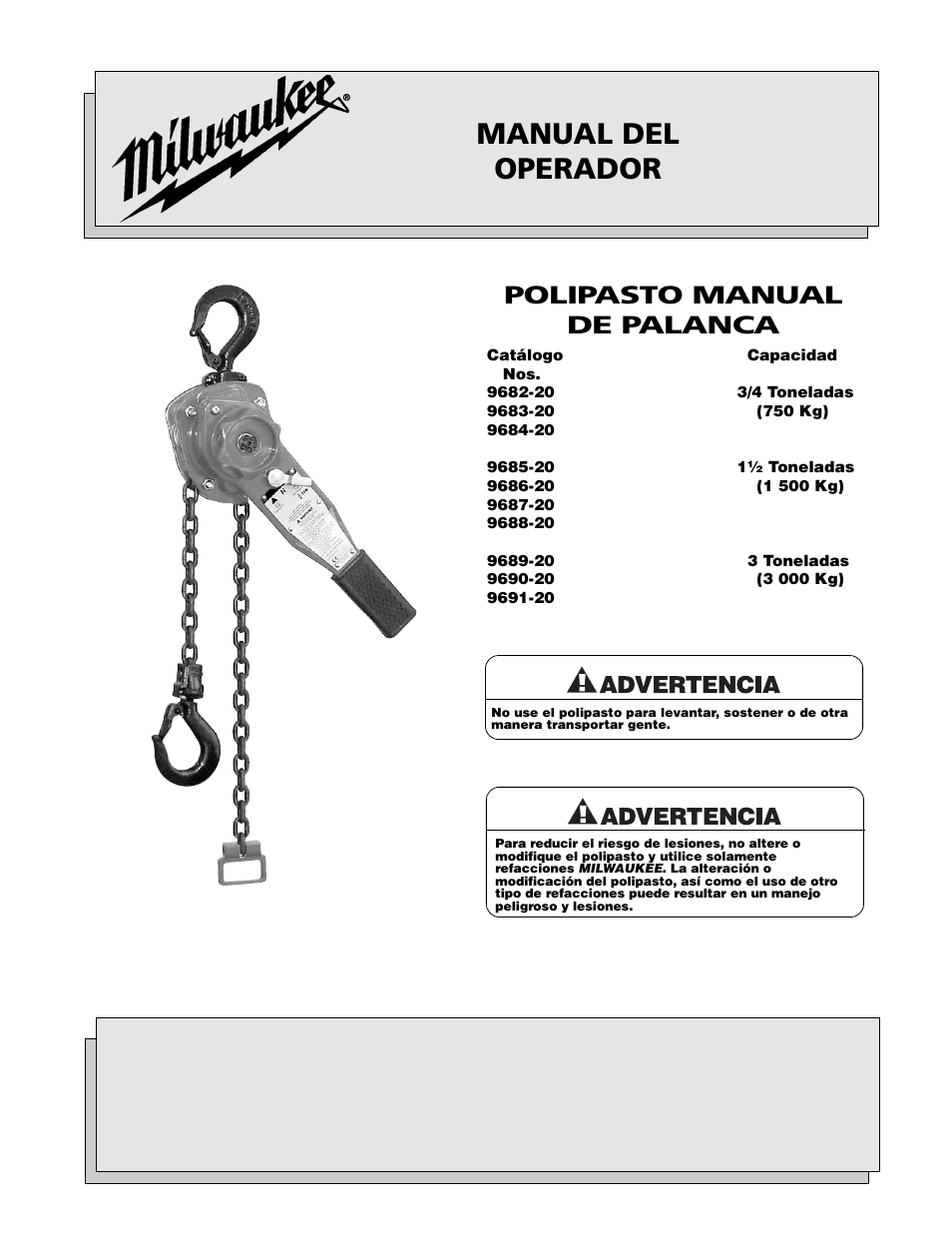 Manual del operador, Polipasto manual de palanca | Milwaukee Tool 9682-20 V.1 User Manual | Page 10 / 28