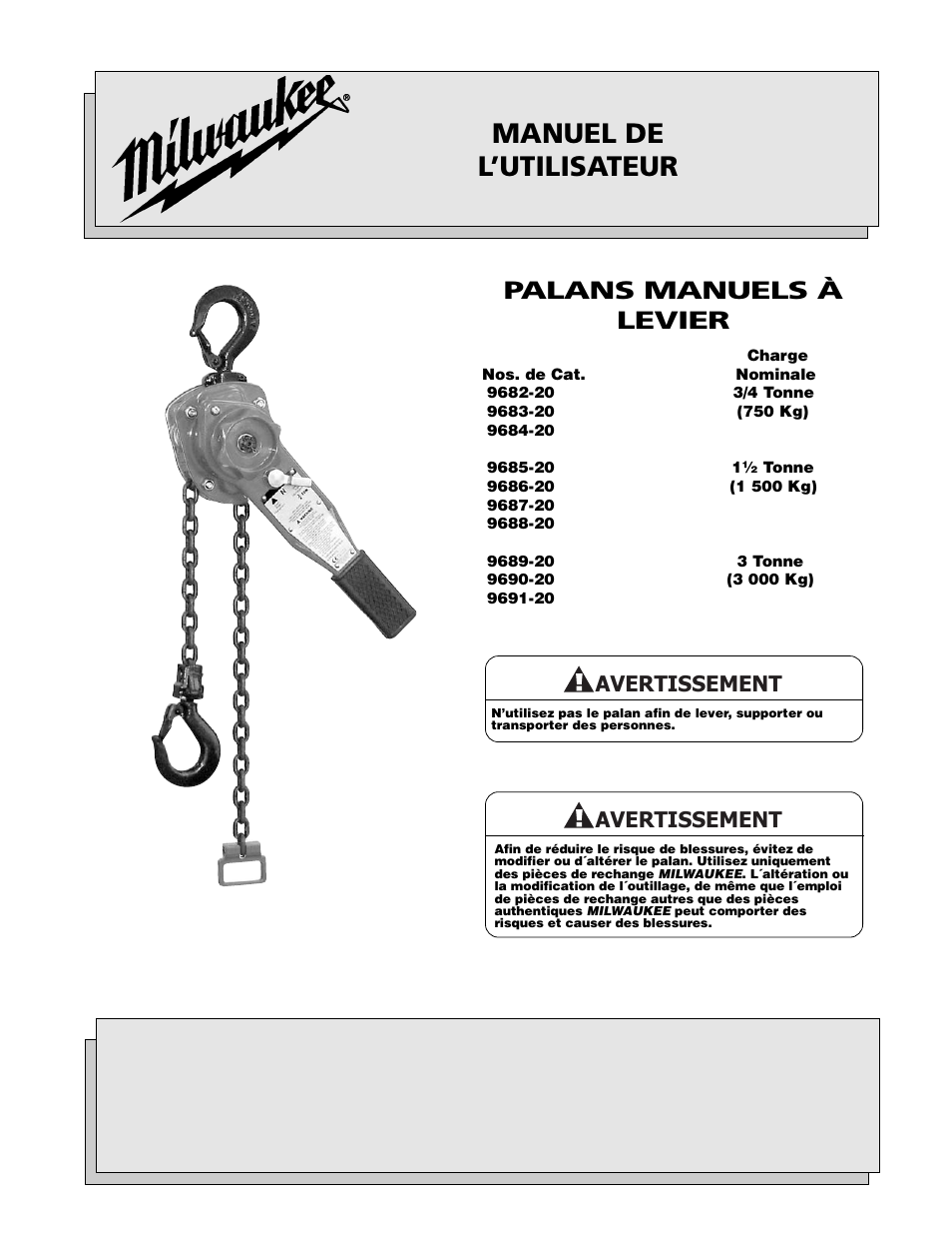 Operating, maintenance, Manuel de l’utilisateur, Palans manuels à levier | Avertissement | Milwaukee Tool 9682-20 V.1 User Manual | Page 19 / 28