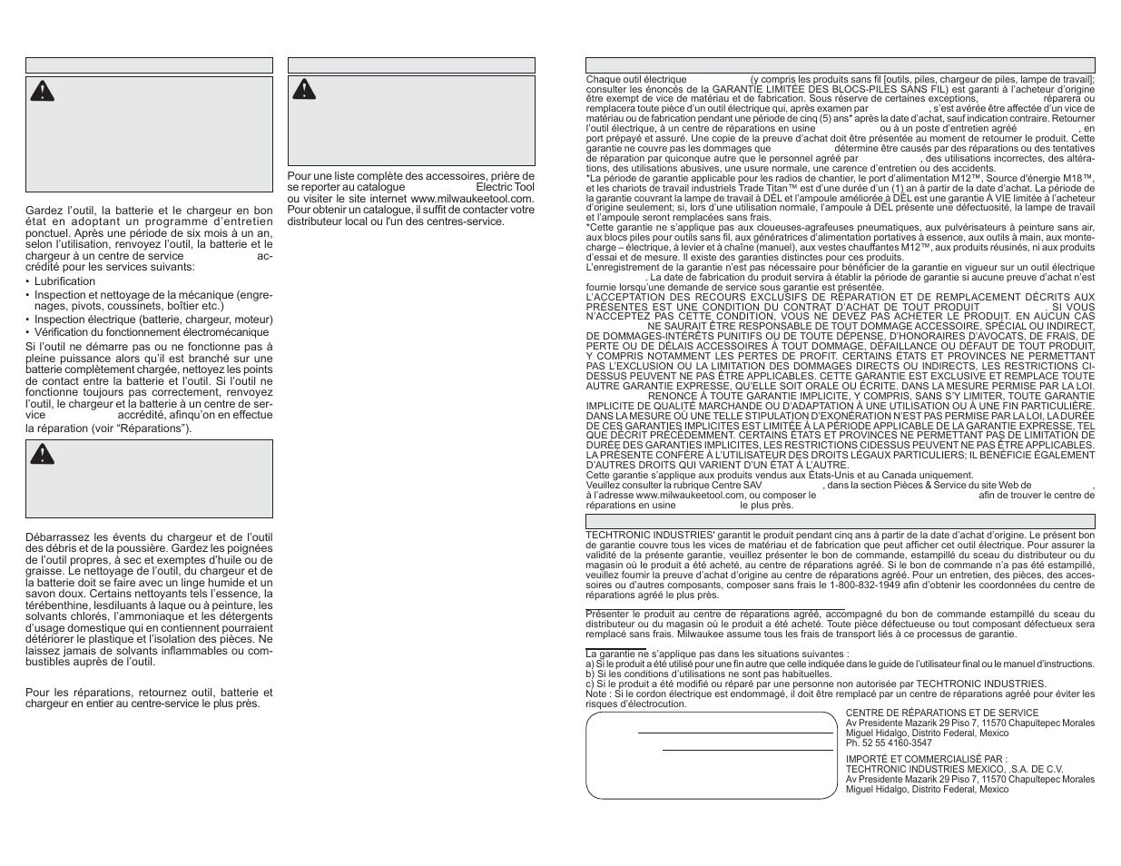 Entretien avertissement, Avertissement, Accesoires avertissement | Milwaukee Tool 2668-20 User Manual | Page 7 / 11