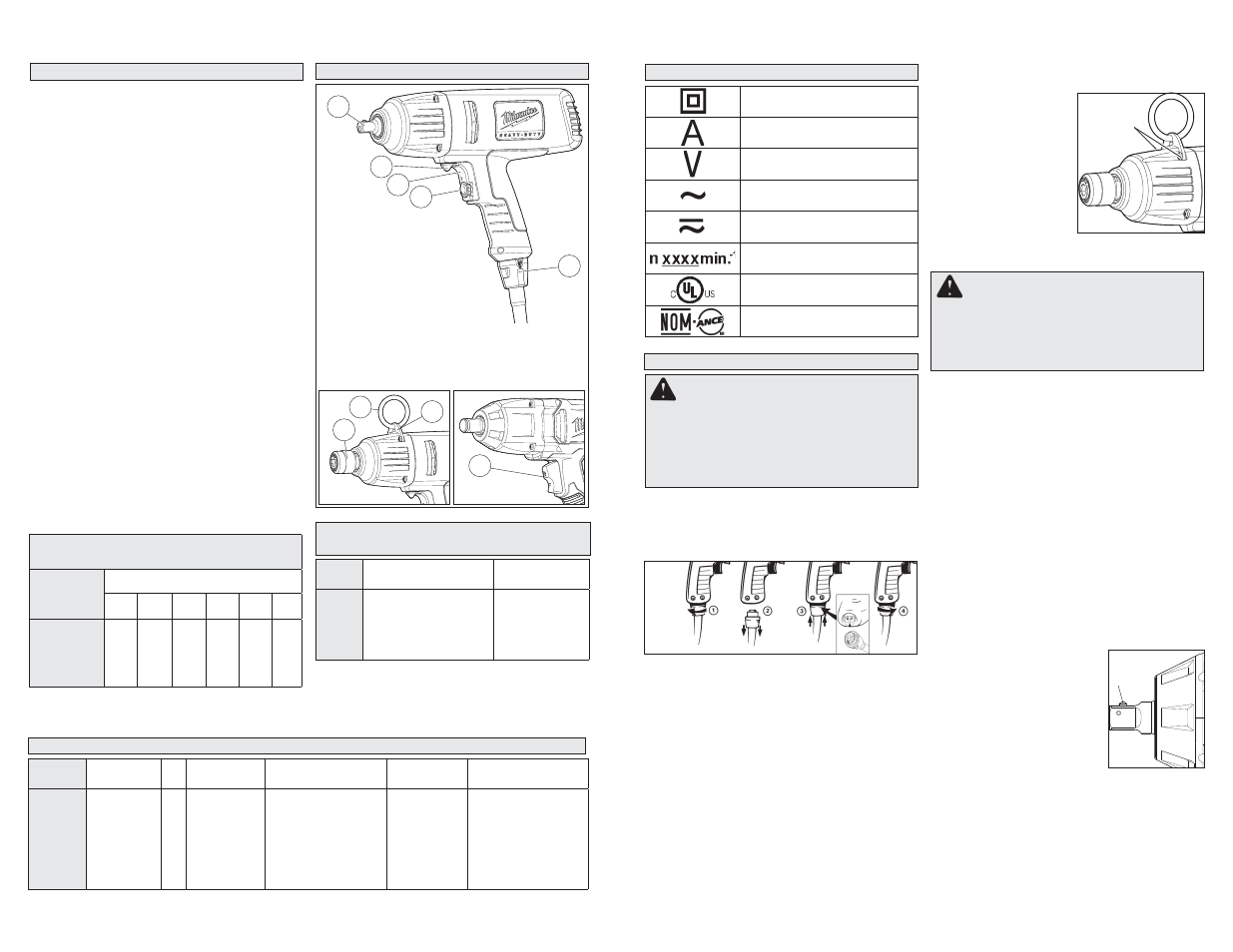 Description fonctionnelle spécifications, Cordons de rallonge, Capacité du mandrin à changement rapide | Montage de l’outil avertissement, Pictographie, Avertissement | Milwaukee Tool 9096-20 User Manual | Page 7 / 13