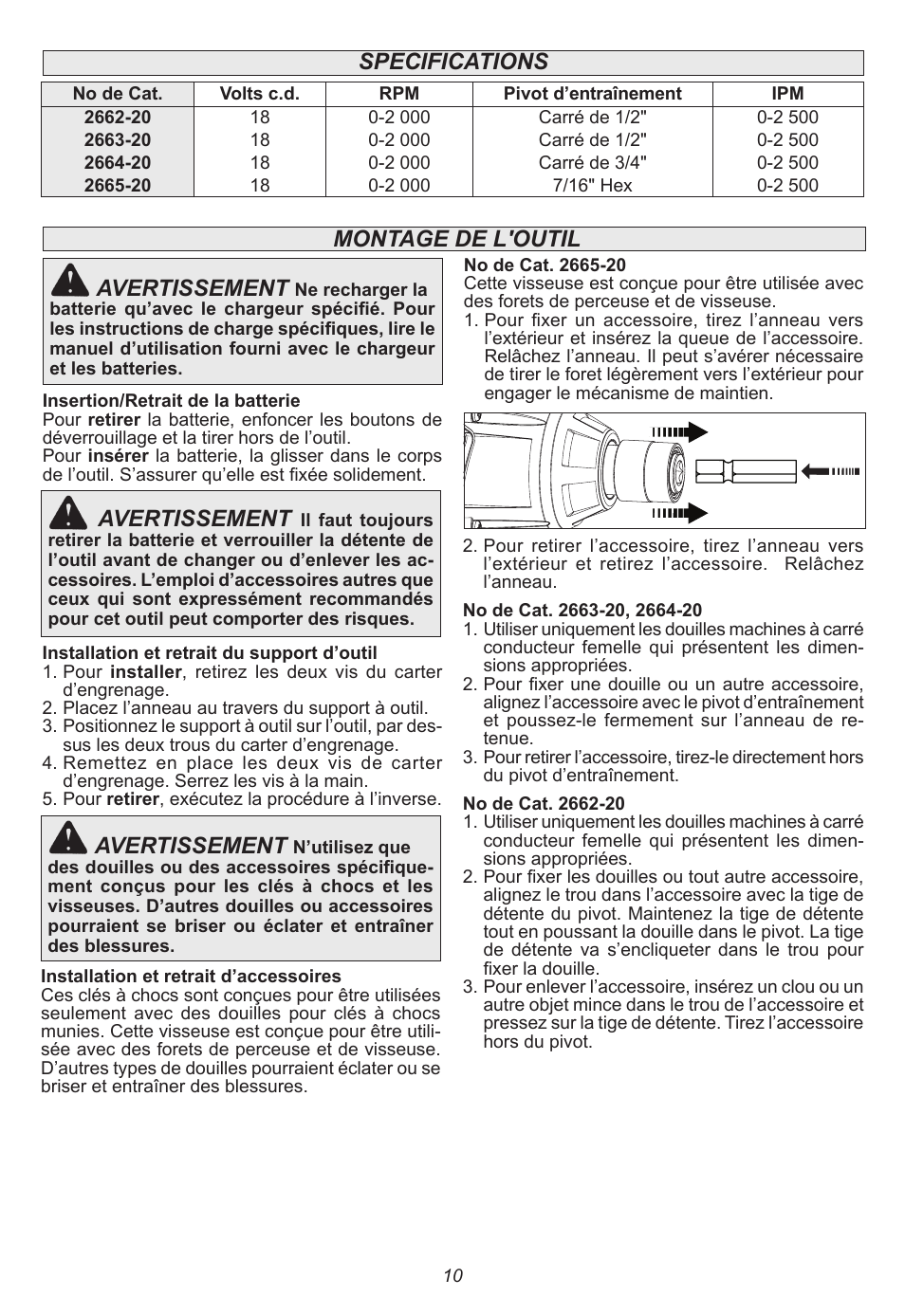 Avertissement, Montage de l'outil avertissement, Specifications | Milwaukee Tool 2665-22 User Manual | Page 10 / 20