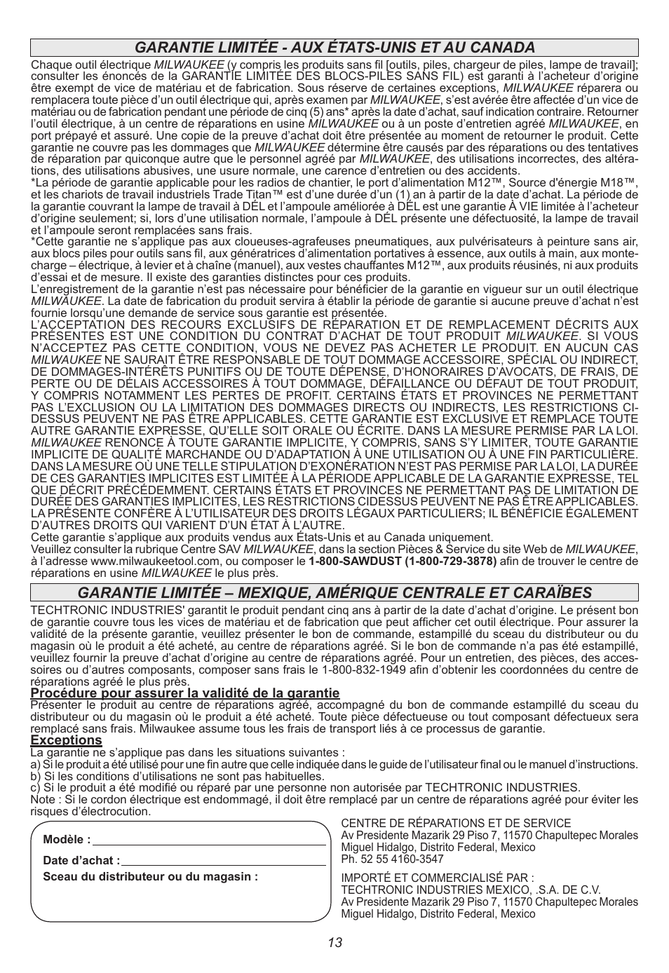 Garantie limitée - aux états-unis et au canada | Milwaukee Tool 2665-22 User Manual | Page 13 / 20