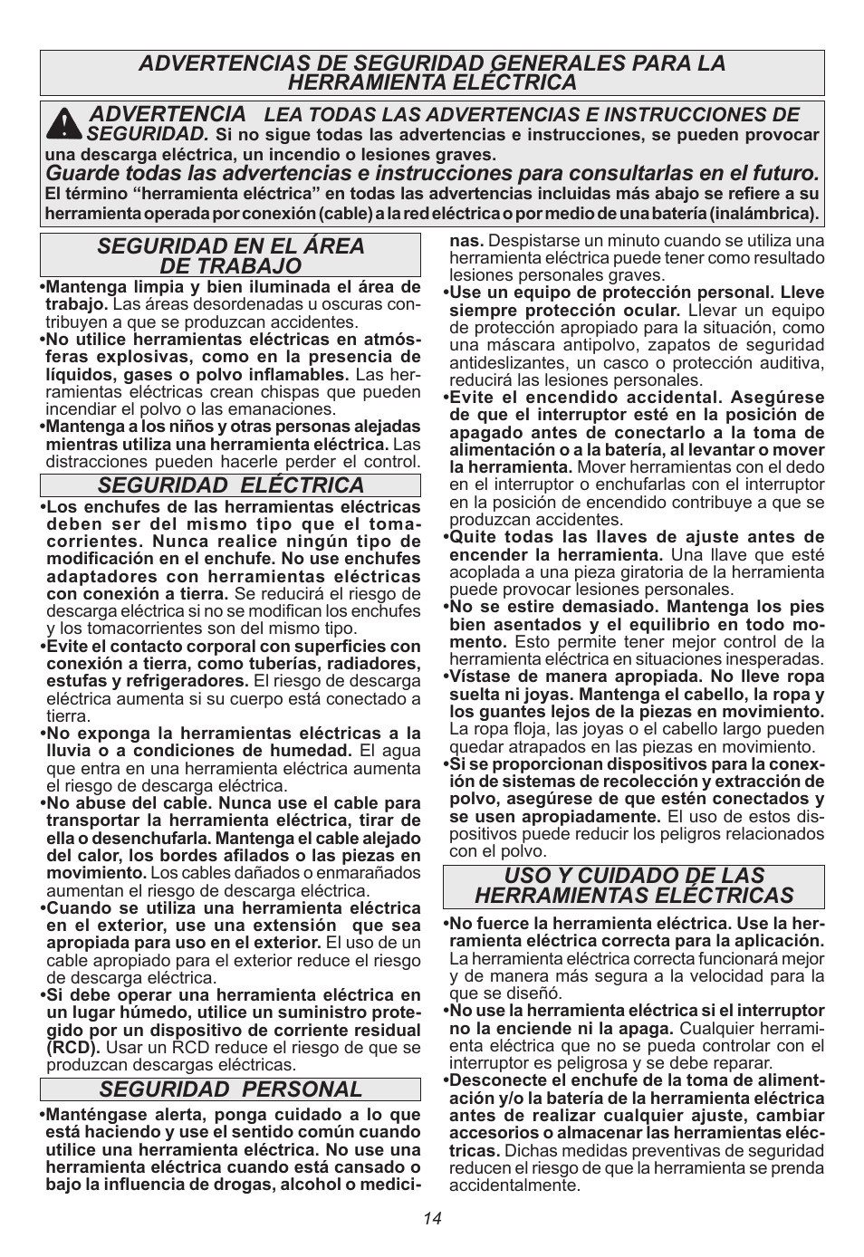 Seguridad personal advertencia, Uso y cuidado de las herramientas eléctricas | Milwaukee Tool 2665-22 User Manual | Page 14 / 20