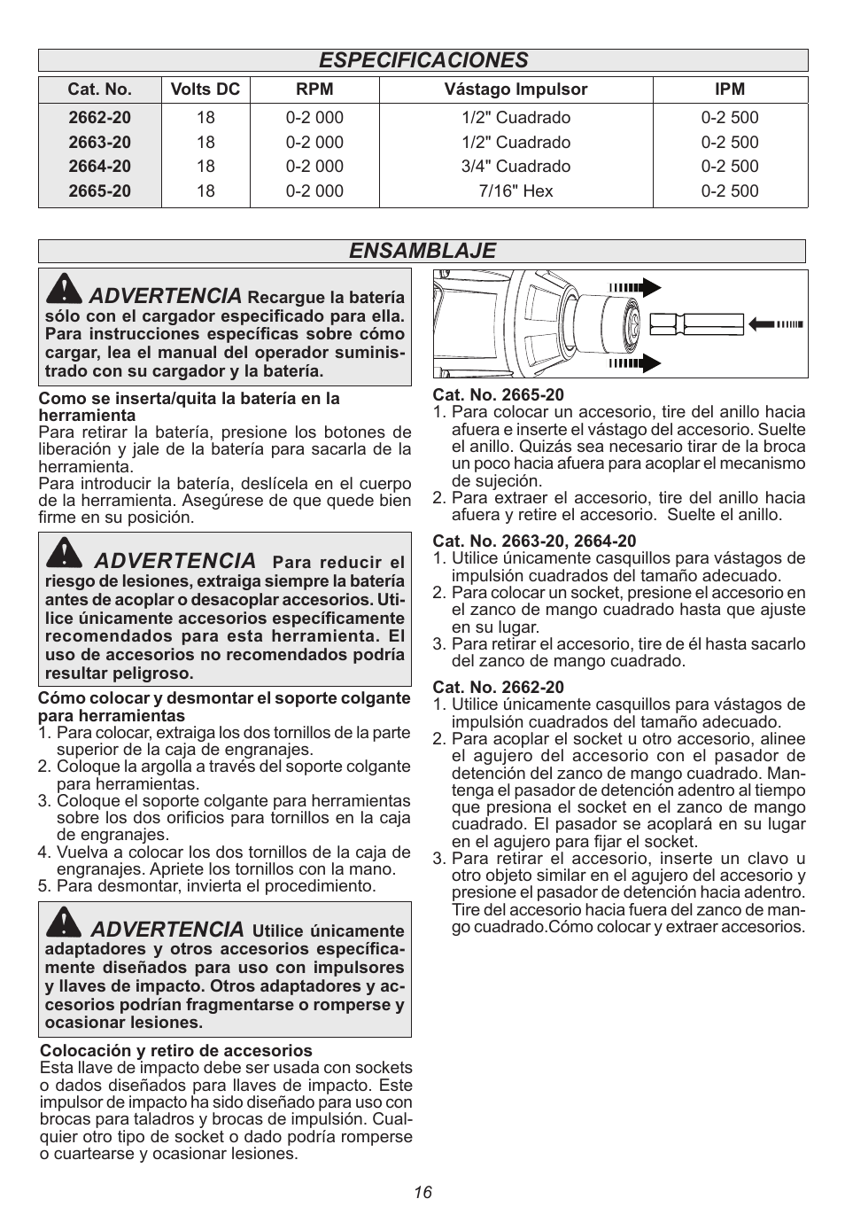 Advertencia, Ensamblaje advertencia, Especificaciones | Milwaukee Tool 2665-22 User Manual | Page 16 / 20