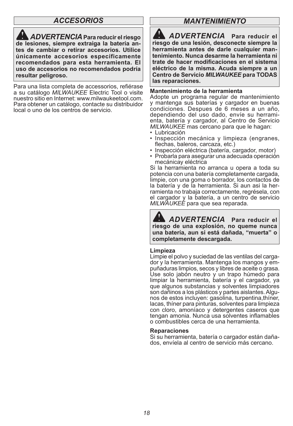 Mantenimiento advertencia, Advertencia, Accesorios advertencia | Milwaukee Tool 2665-22 User Manual | Page 18 / 20