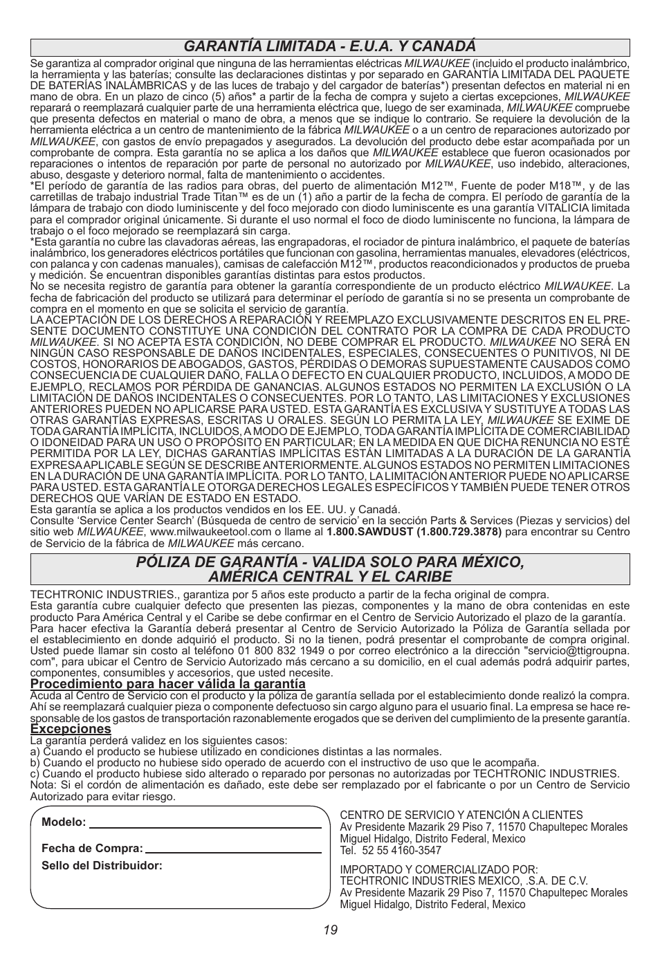 Garantía limitada - e.u.a. y canadá | Milwaukee Tool 2665-22 User Manual | Page 19 / 20