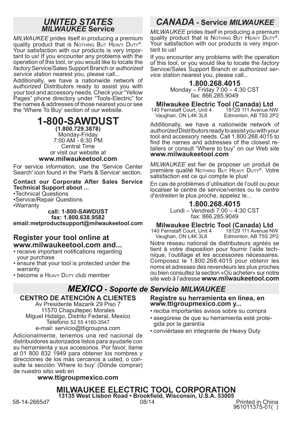 800-sawdust, United states, Canada | Mexico, Milwaukee electric tool corporation, Milwaukee service, Service milwaukee, Soporte de servicio milwaukee | Milwaukee Tool 2665-22 User Manual | Page 20 / 20