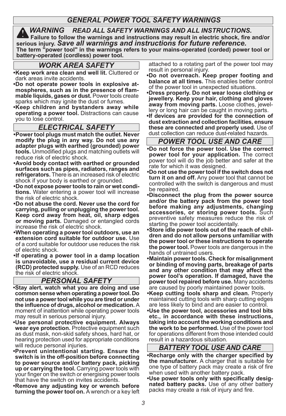 Warning, Power tool use and care, Battery tool use and care | Milwaukee Tool 2665-22 User Manual | Page 3 / 20