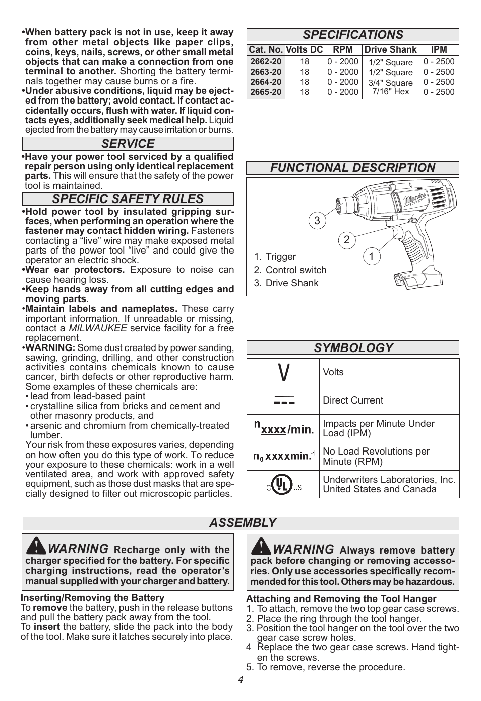 Service, Assembly warning, Warning | Milwaukee Tool 2665-22 User Manual | Page 4 / 20