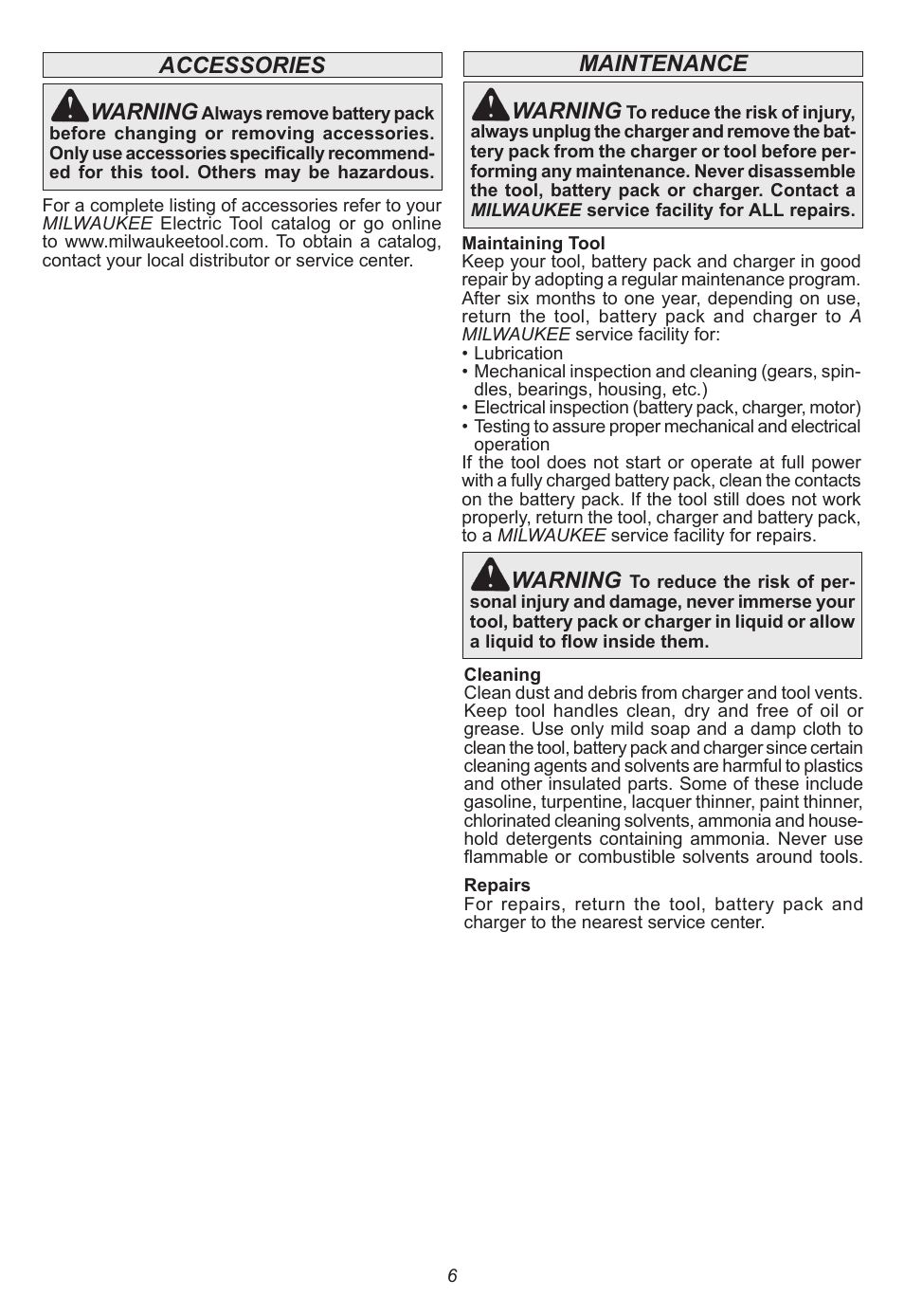 Accessories, Warning, Maintenance | Milwaukee Tool 2665-22 User Manual | Page 6 / 20