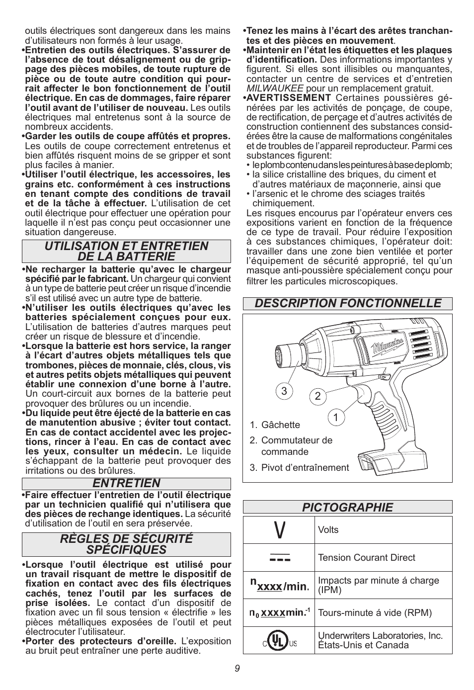 Pictographie, Entretien, Utilisation et entretien de la batterie | Milwaukee Tool 2665-22 User Manual | Page 9 / 20