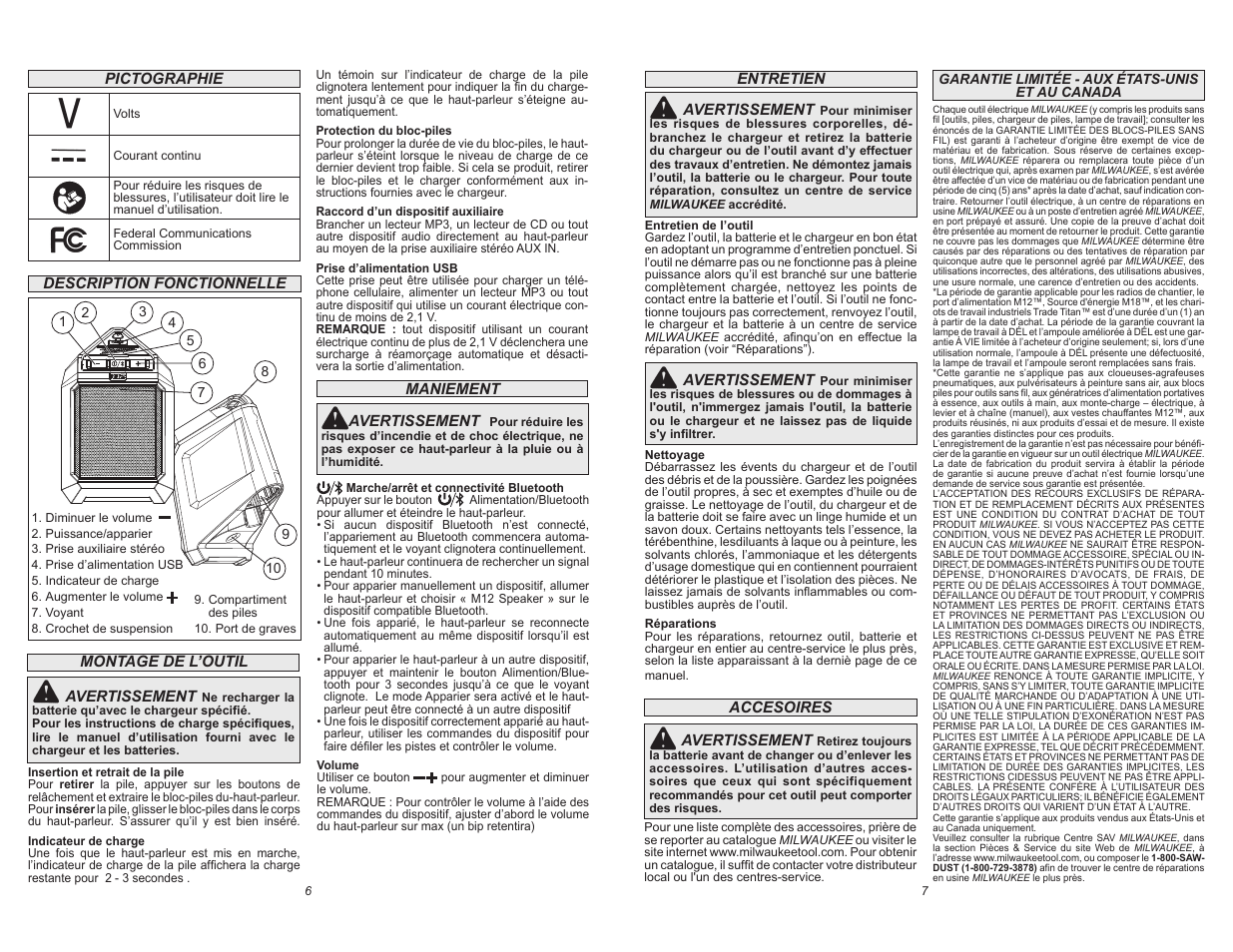 Pictographie description fonctionnelle, Montage de l’outil avertissement, Maniement avertissement | Accesoires avertissement, Entretien avertissement, Avertissement | Milwaukee Tool 2592-20 User Manual | Page 4 / 7