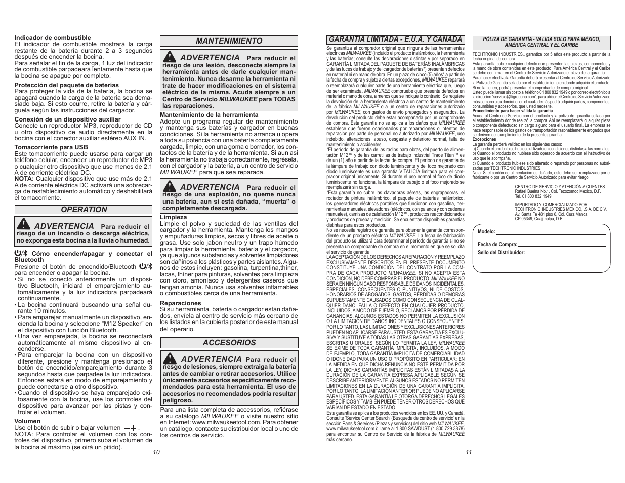 Operation advertencia, Accesorios advertencia, Mantenimiento advertencia | Advertencia | Milwaukee Tool 2592-20 User Manual | Page 6 / 7