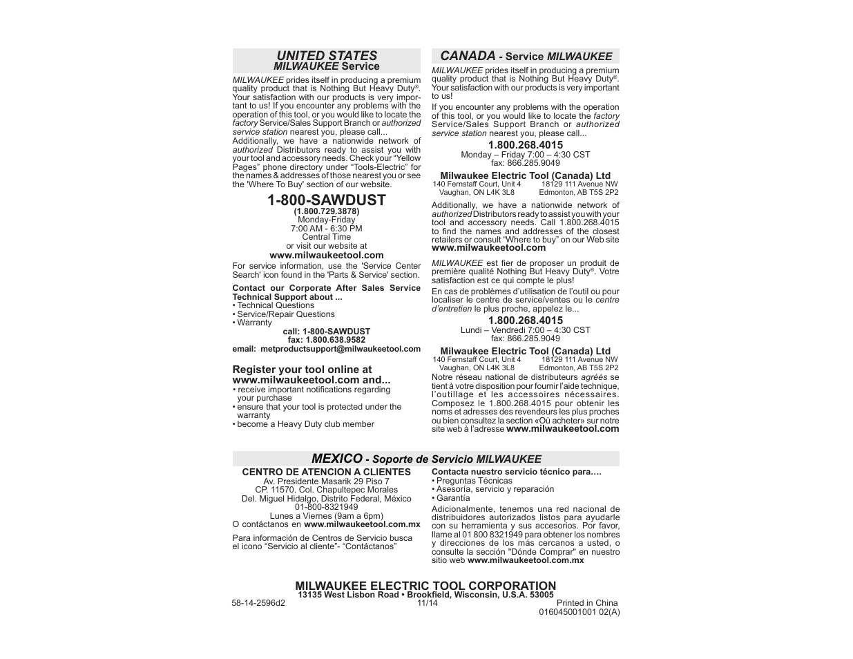 800-sawdust, United states, Canada | Mexico, Milwaukee electric tool corporation | Milwaukee Tool 2592-20 User Manual | Page 7 / 7