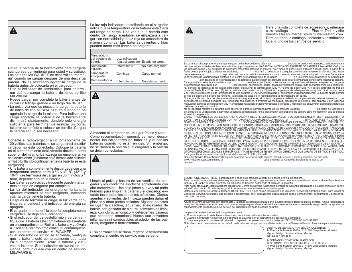 Operación del cargador advertencia, Advertencia, Mantenimiento advertencia | Accesorios advertencia | Milwaukee Tool 2792-20 User Manual | Page 12 / 13