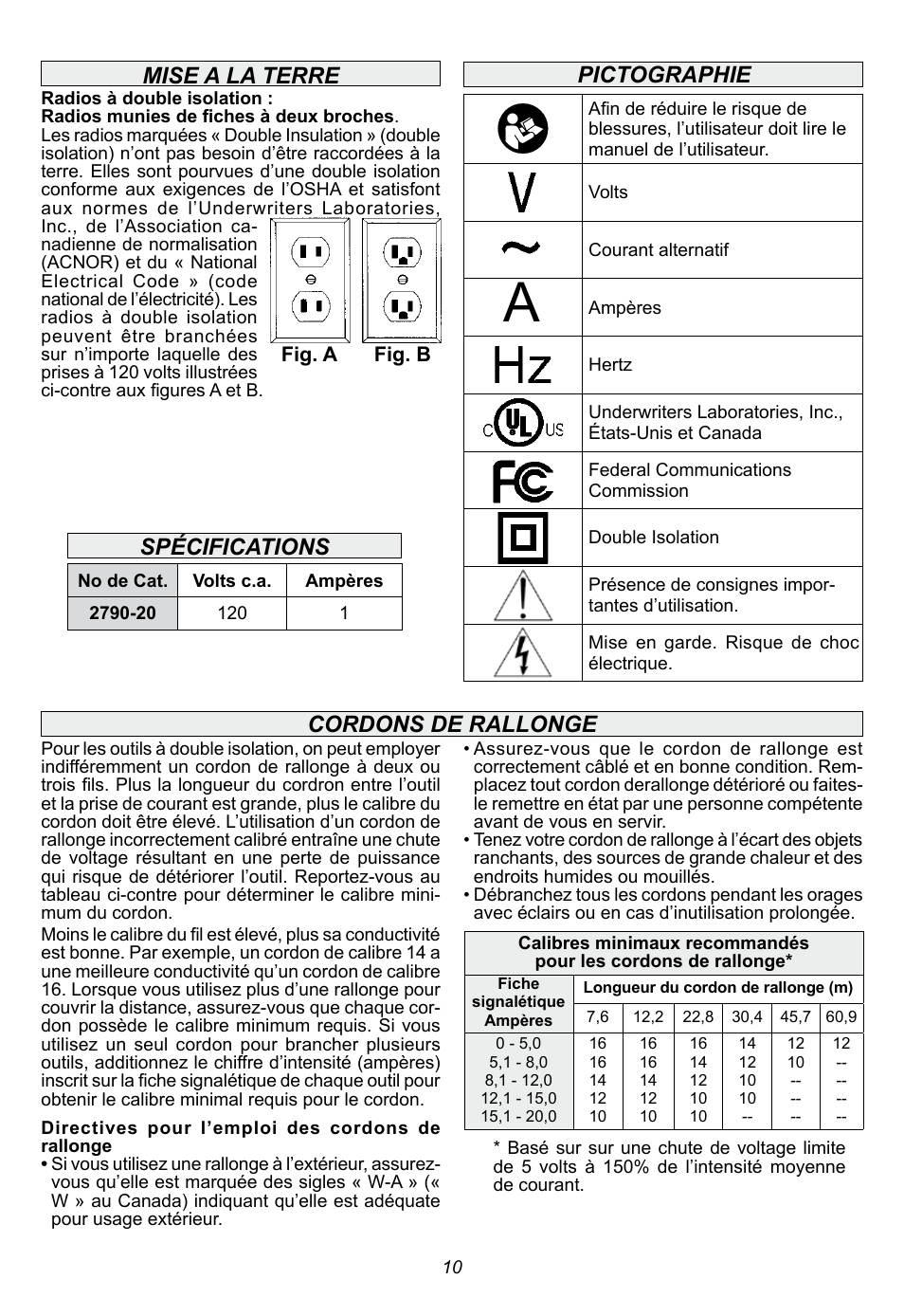 Mise a la terre cordons de rallonge pictographie, Spécifications | Milwaukee Tool 2790-20 User Manual | Page 10 / 22