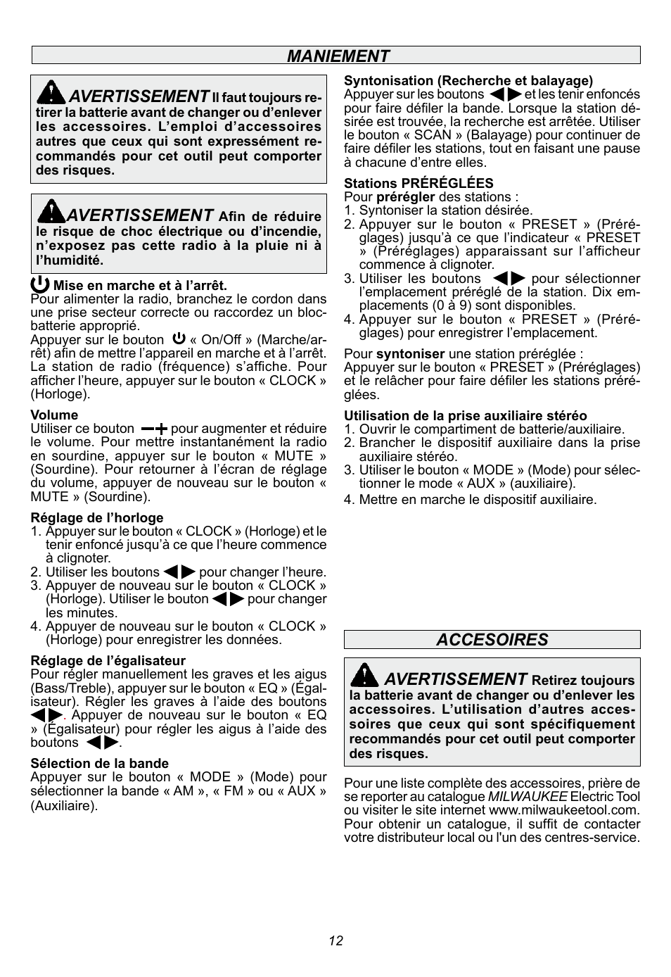 Accesoires avertissement, Maniement avertissement, Avertissement | Milwaukee Tool 2790-20 User Manual | Page 12 / 22