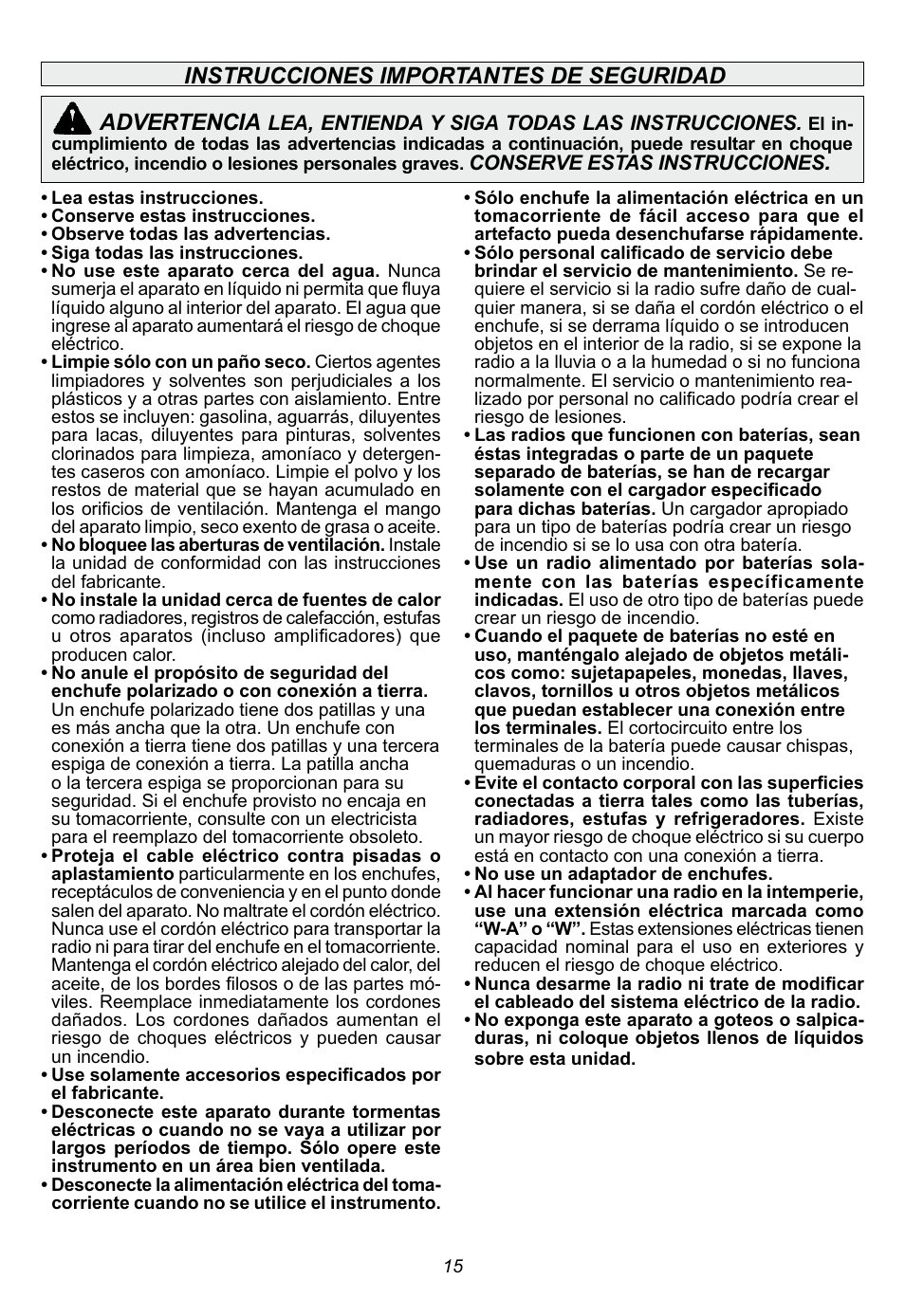 Instrucciones importantes de seguridad advertencia | Milwaukee Tool 2790-20 User Manual | Page 15 / 22