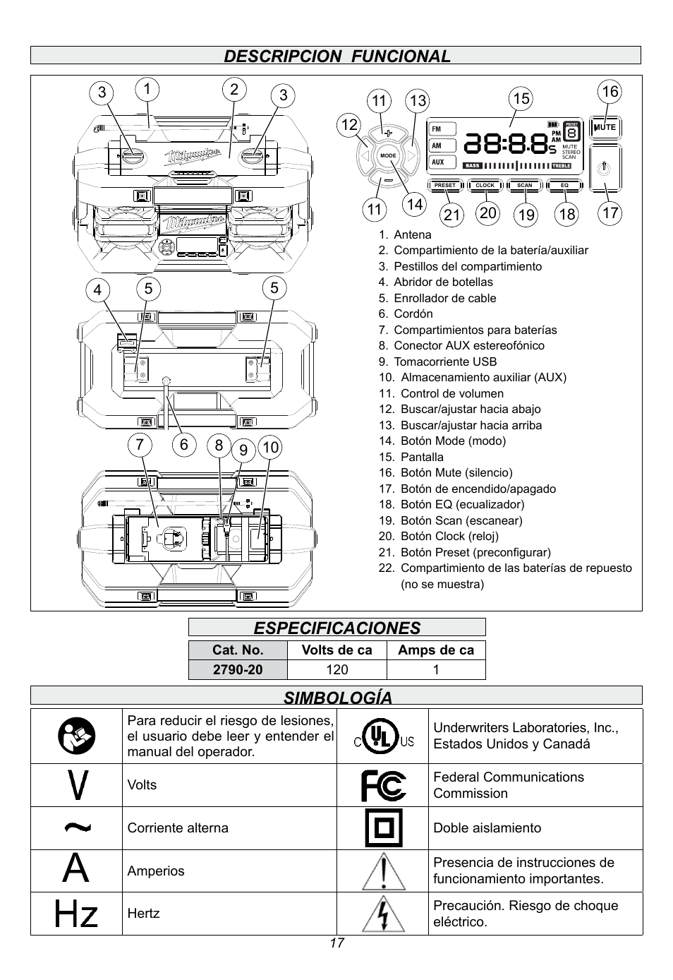 Descripcion funcional, Especificaciones, Simbología | Milwaukee Tool 2790-20 User Manual | Page 17 / 22