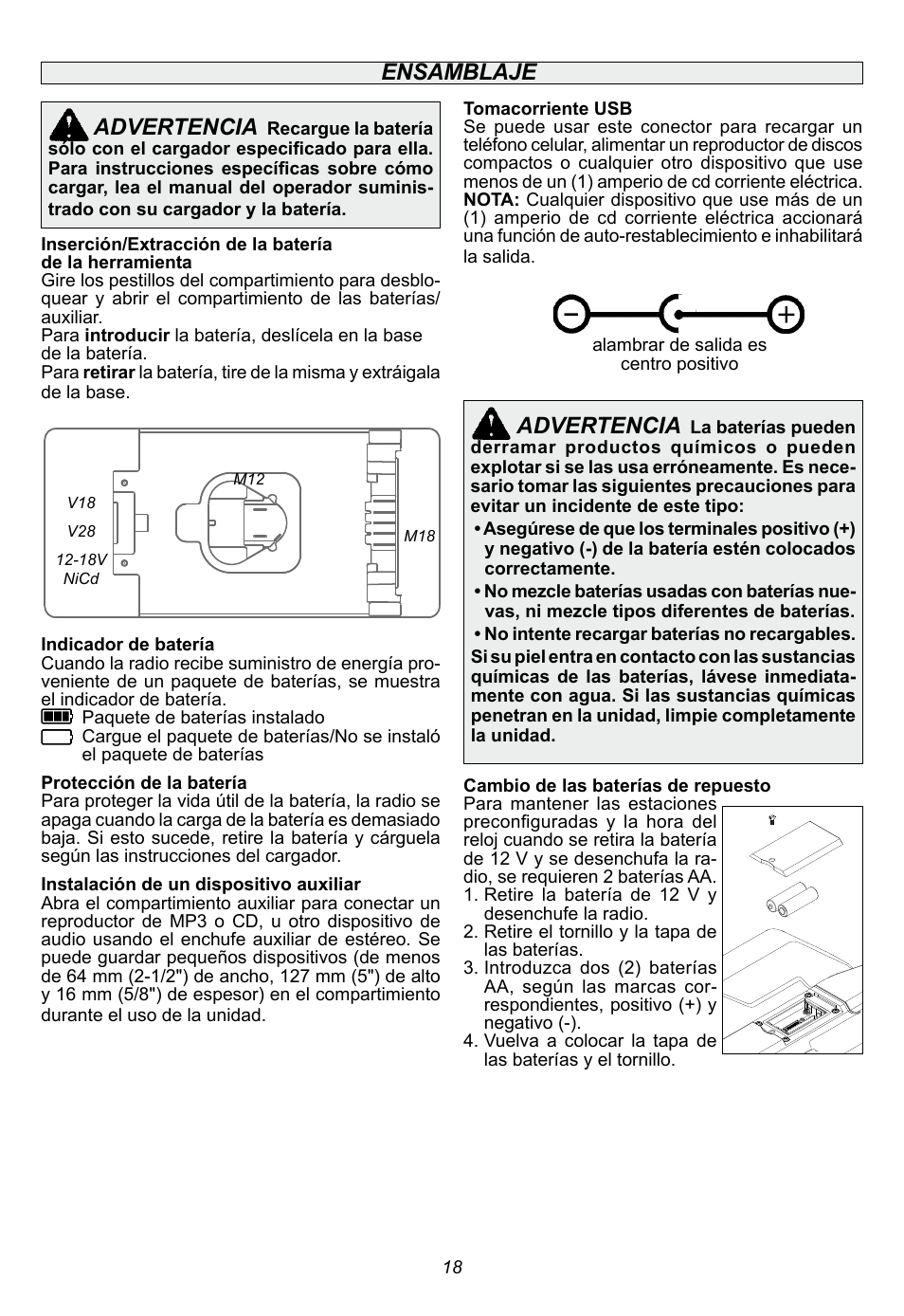 Ensamblaje advertencia, Advertencia | Milwaukee Tool 2790-20 User Manual | Page 18 / 22