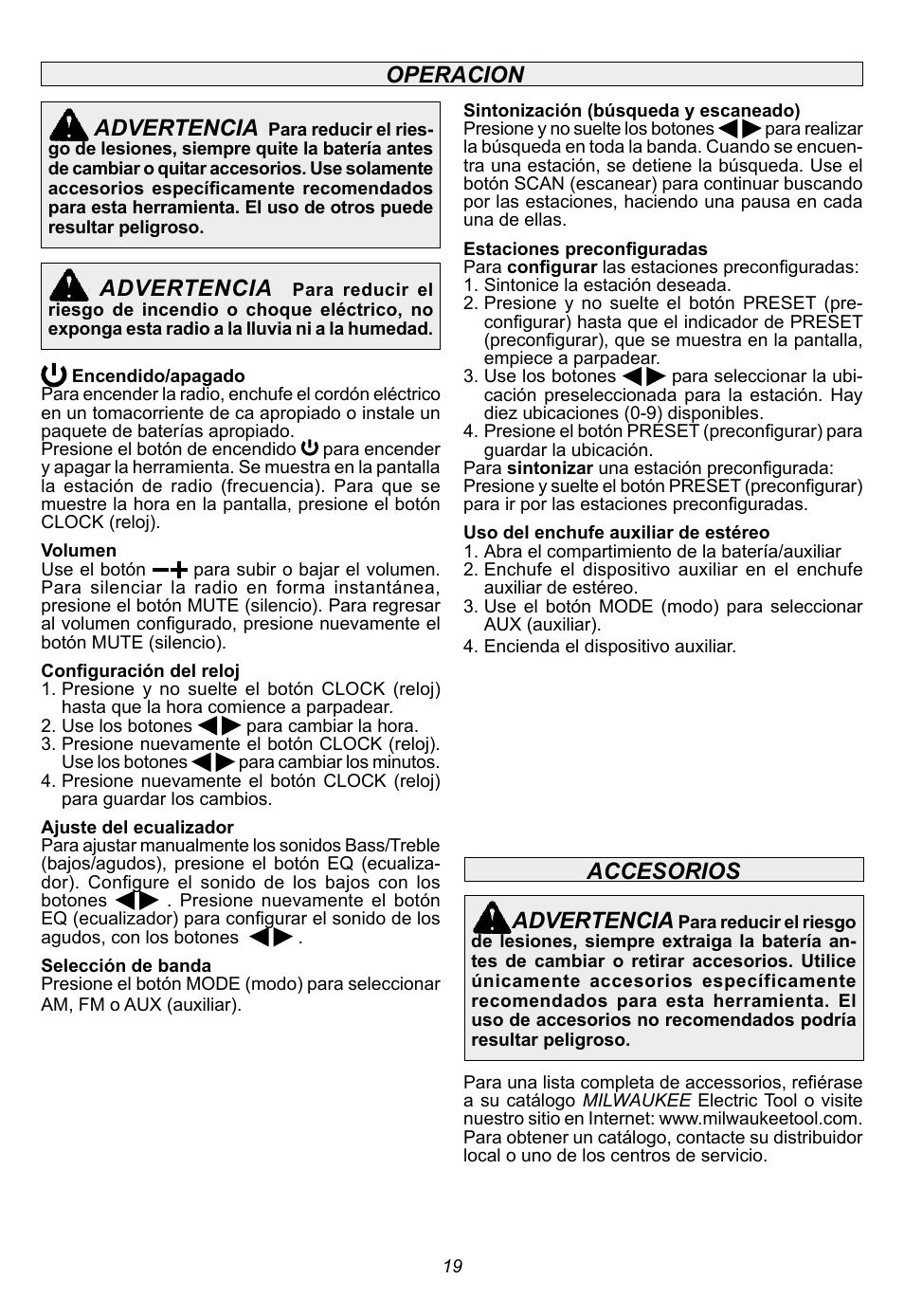 Operacion advertencia, Advertencia, Accesorios advertencia | Milwaukee Tool 2790-20 User Manual | Page 19 / 22