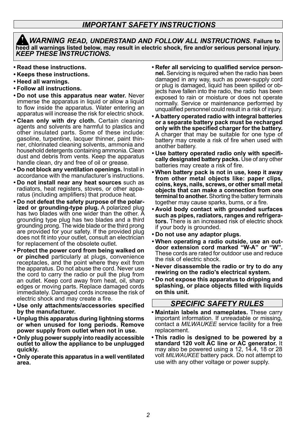 Warning | Milwaukee Tool 2790-20 User Manual | Page 2 / 22