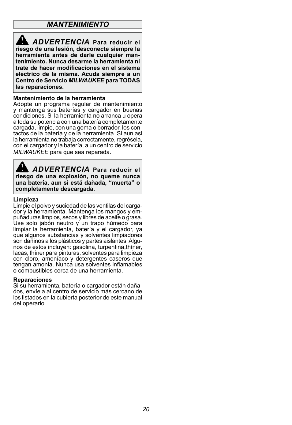 Mantenimiento advertencia, Advertencia | Milwaukee Tool 2790-20 User Manual | Page 20 / 22