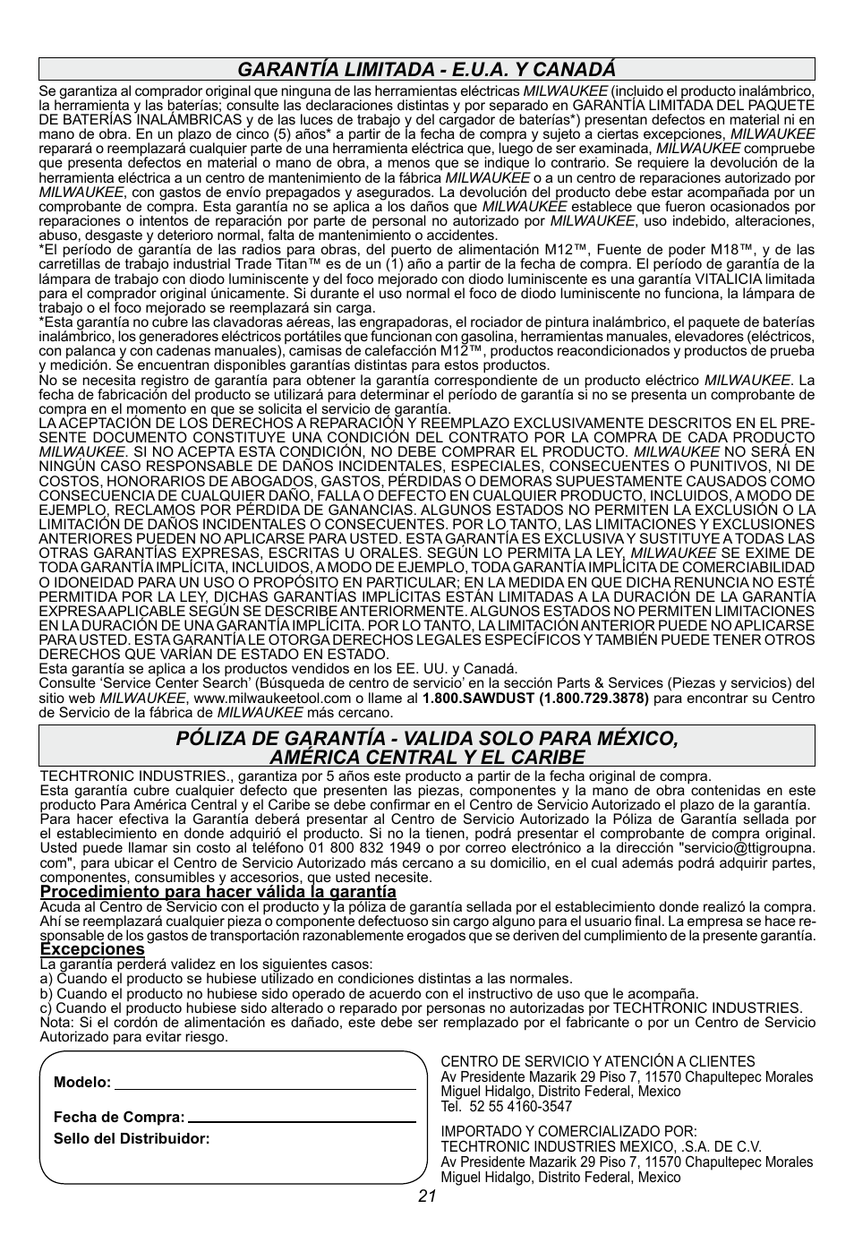 Garantía limitada - e.u.a. y canadá | Milwaukee Tool 2790-20 User Manual | Page 21 / 22