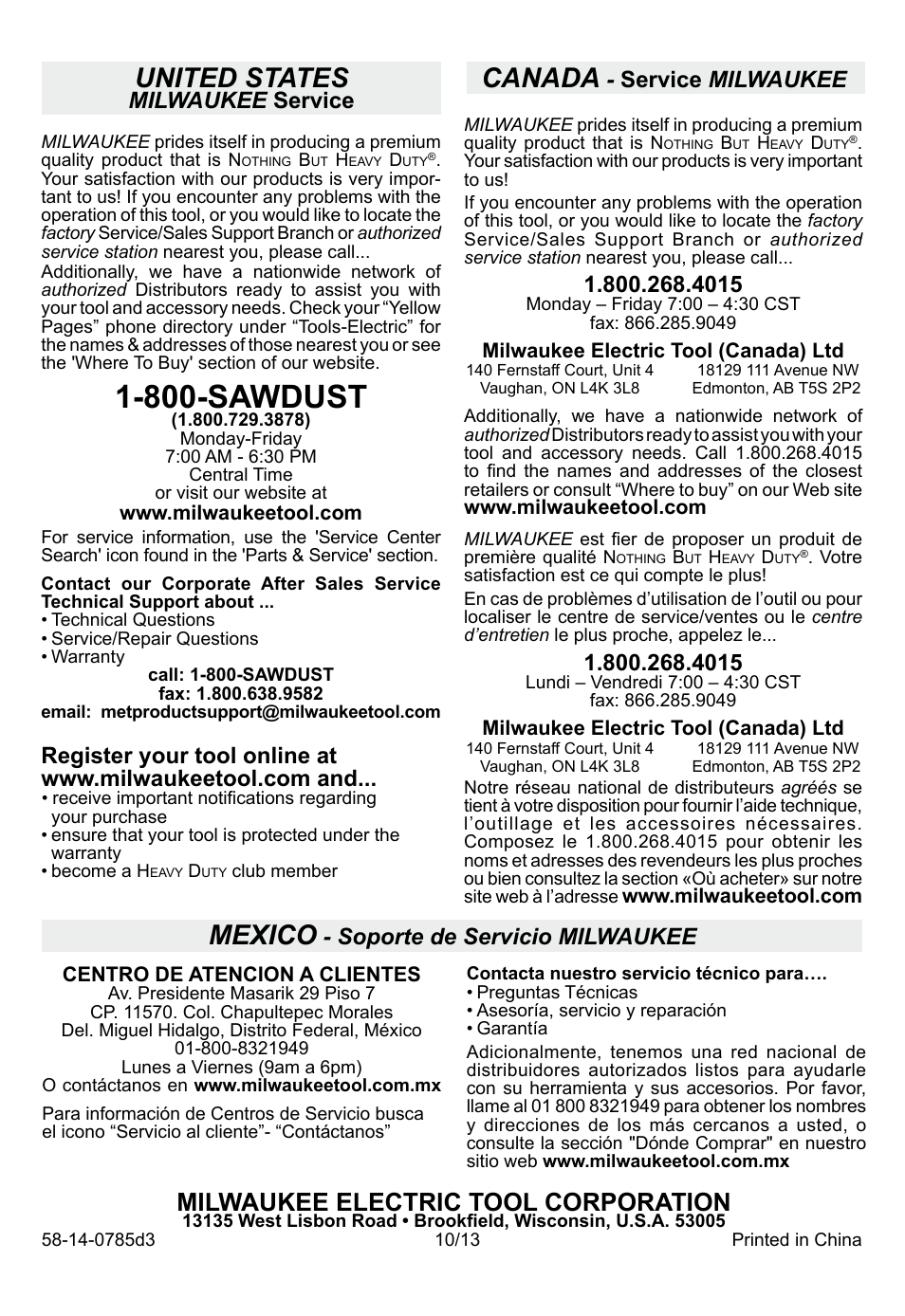 800-sawdust, United states, Canada | Mexico, Milwaukee electric tool corporation, Milwaukee service, Service milwaukee, Soporte de servicio milwaukee | Milwaukee Tool 2790-20 User Manual | Page 22 / 22