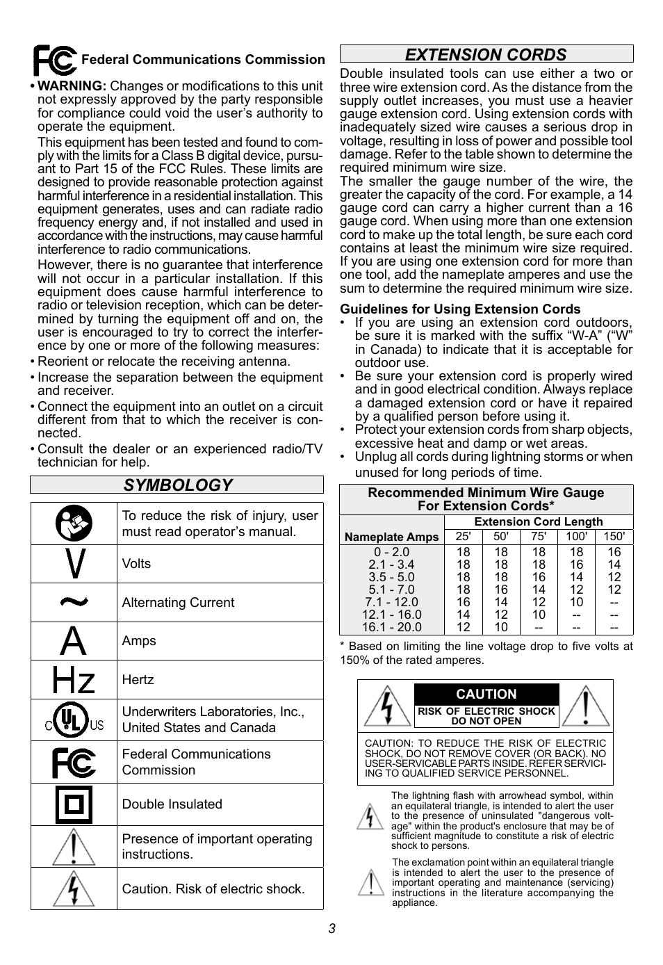 Symbology, Extension cords | Milwaukee Tool 2790-20 User Manual | Page 3 / 22