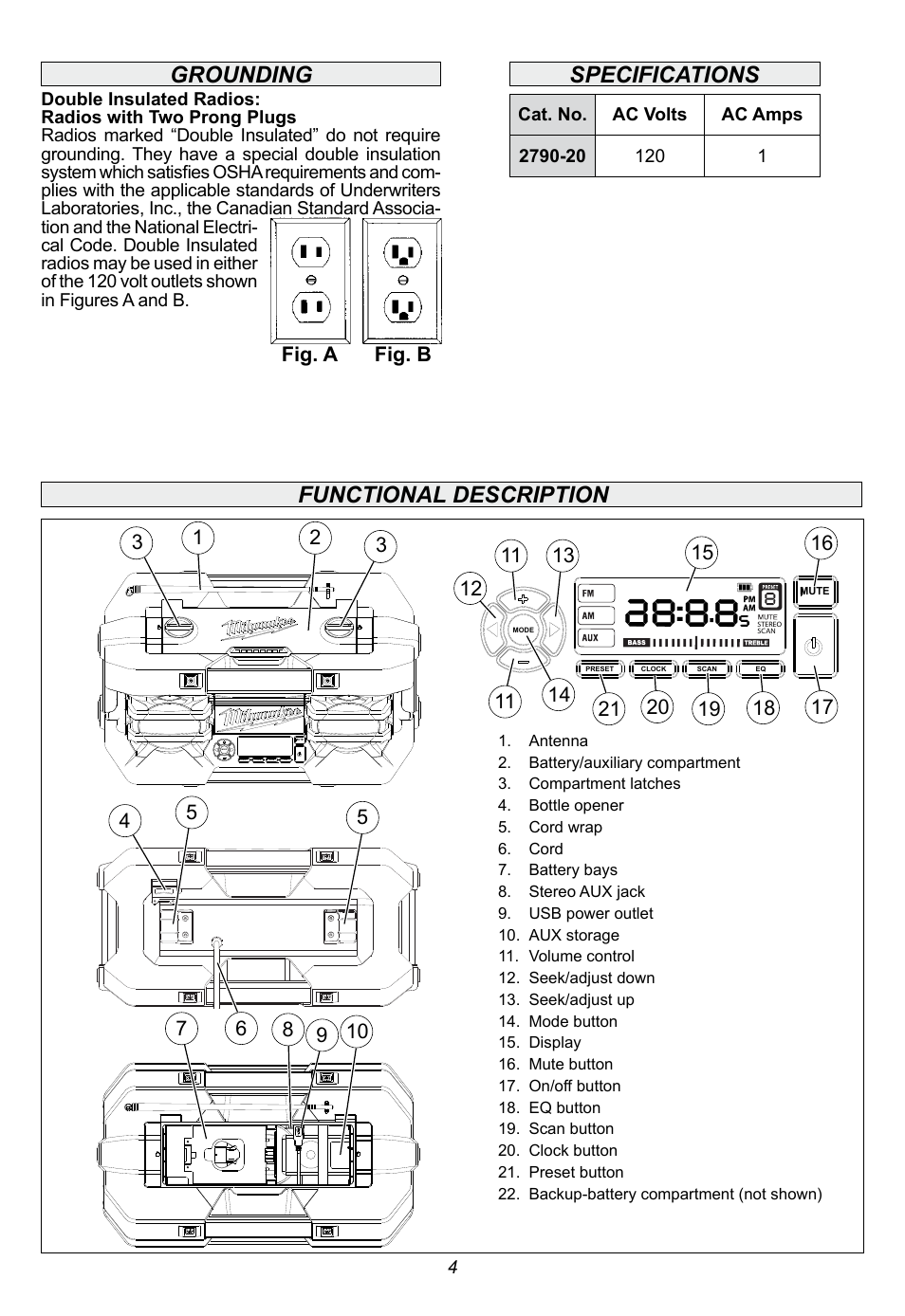 Functional description, Grounding, Specifications | Milwaukee Tool 2790-20 User Manual | Page 4 / 22