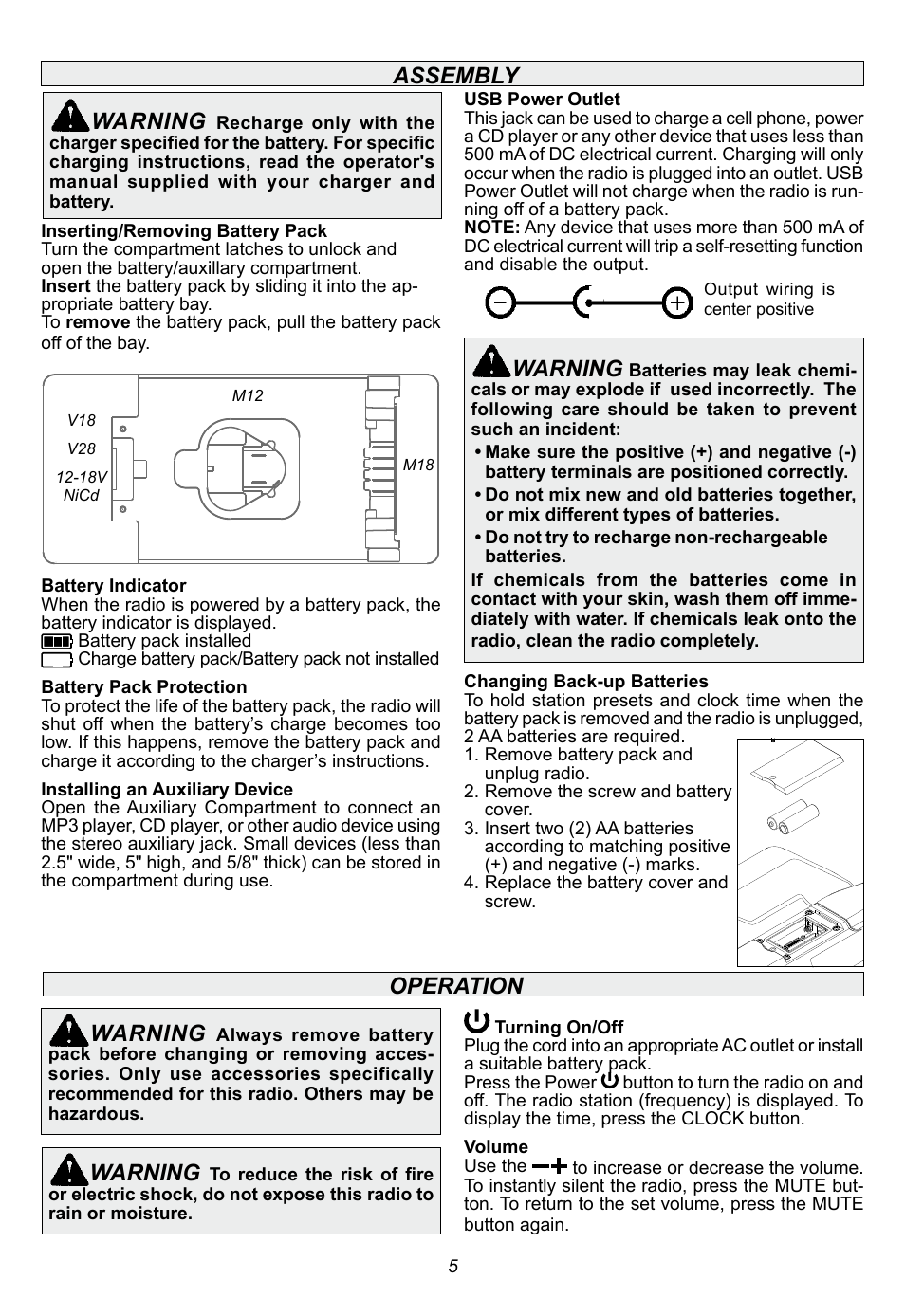 Assembly, Warning, Operation warning | Milwaukee Tool 2790-20 User Manual | Page 5 / 22