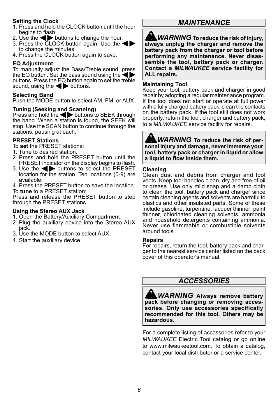 Maintenance warning, Warning, Accessories | Milwaukee Tool 2790-20 User Manual | Page 6 / 22