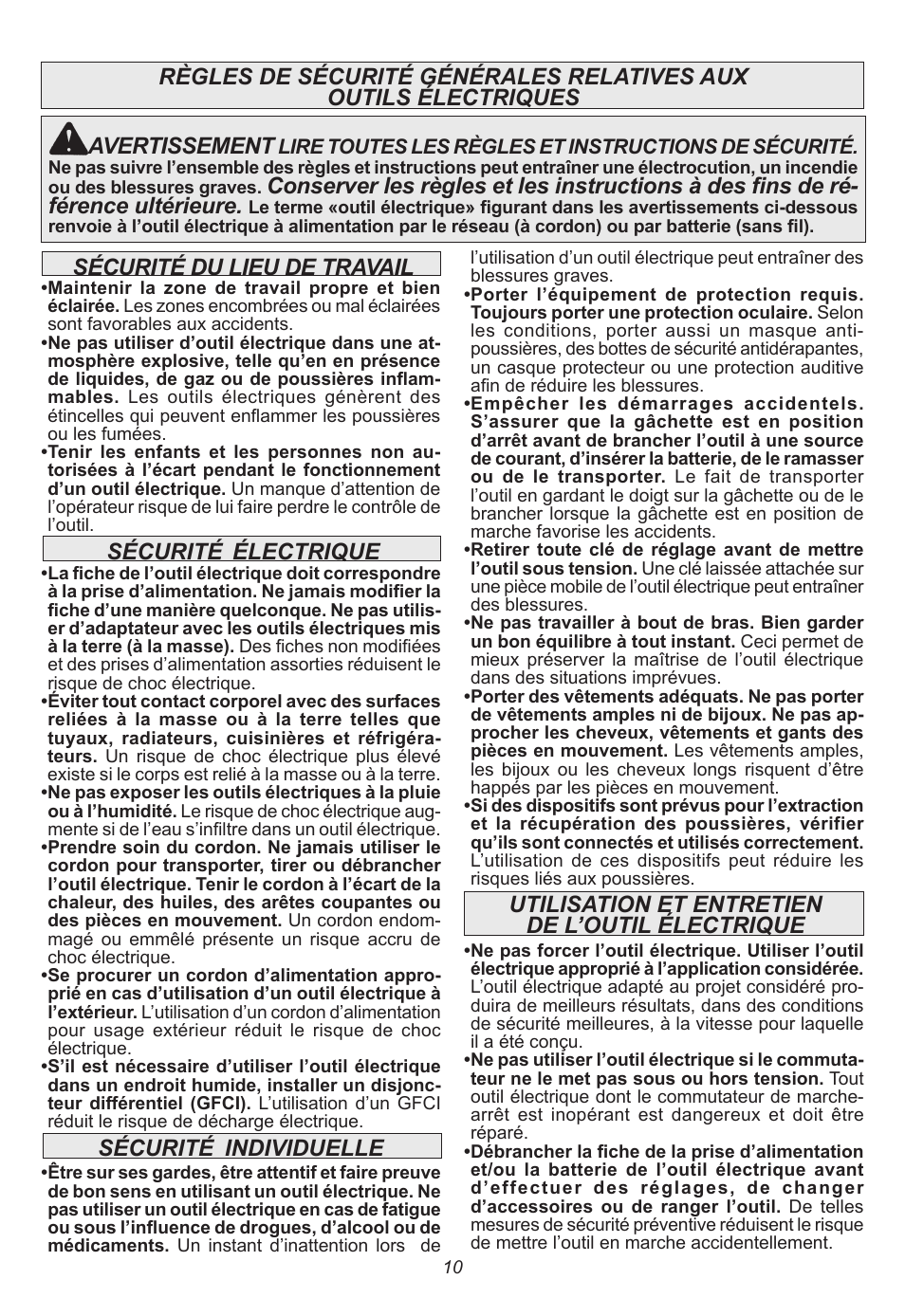 Sécurité, Électrique, Individuelle | Utilisation et entretien de l’outil électrique, Avertissement | Milwaukee Tool 5262-21 User Manual | Page 10 / 24