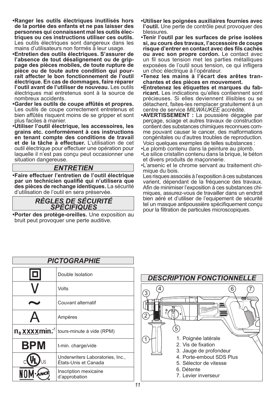 Règles de sécurité spécifiques entretien, Pictographie, Description fonctionnelle | Milwaukee Tool 5262-21 User Manual | Page 11 / 24