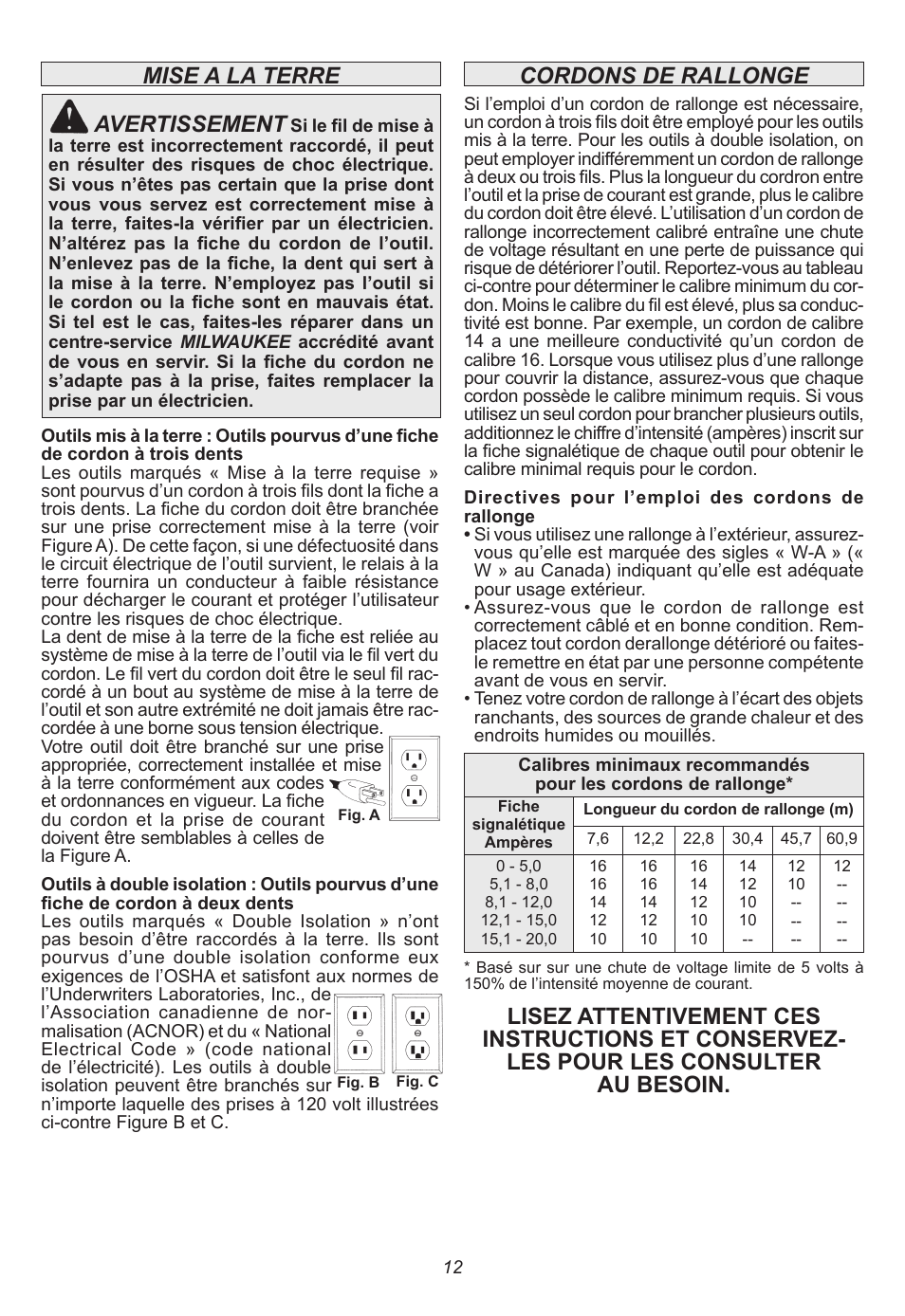 Mise a la terre, Avertissement | Milwaukee Tool 5262-21 User Manual | Page 12 / 24