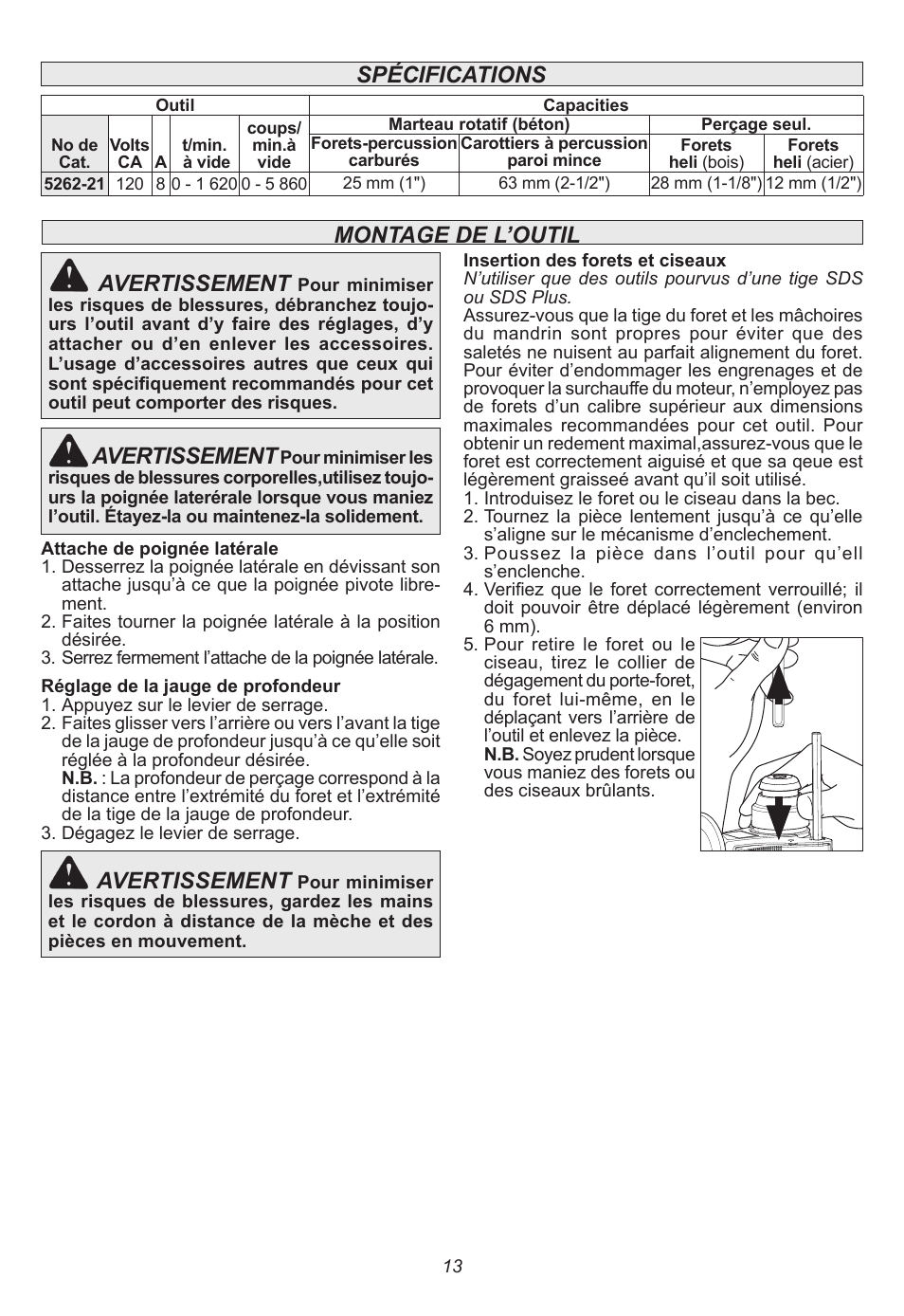 Montage de l’outil, Avertissement, Spécifications | Milwaukee Tool 5262-21 User Manual | Page 13 / 24