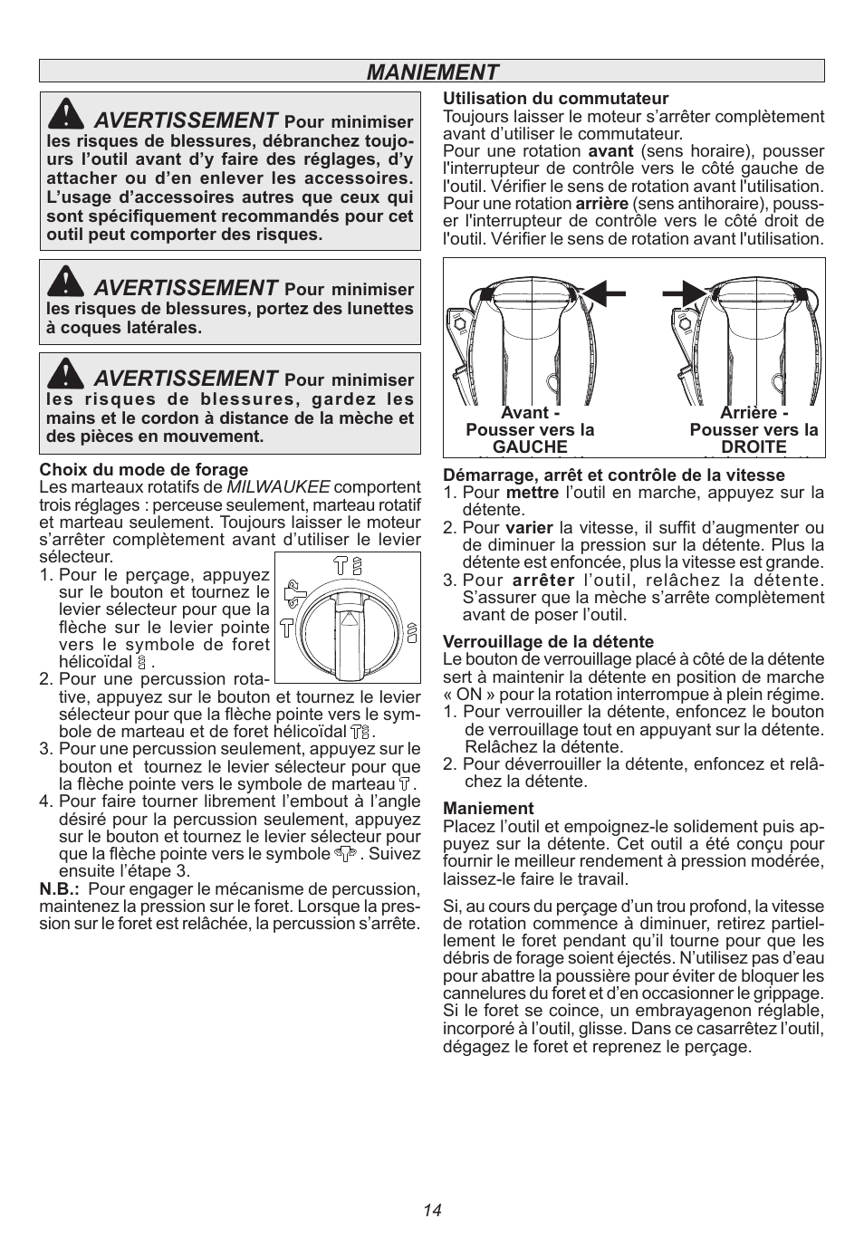 Maniement, Avertissement | Milwaukee Tool 5262-21 User Manual | Page 14 / 24