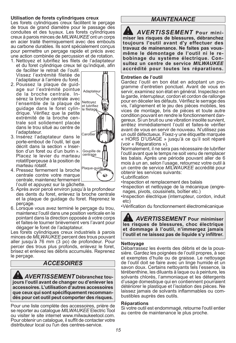 Accesoires, Maintenance, Avertissement | Milwaukee Tool 5262-21 User Manual | Page 15 / 24