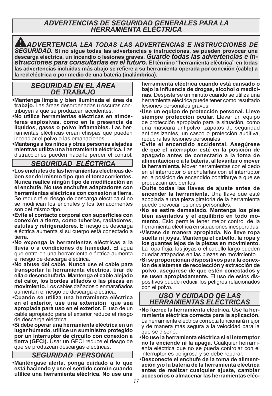 Seguridad eléctrica, Seguridad personal, Uso y cuidado de las herramientas eléctricas | Advertencia | Milwaukee Tool 5262-21 User Manual | Page 17 / 24